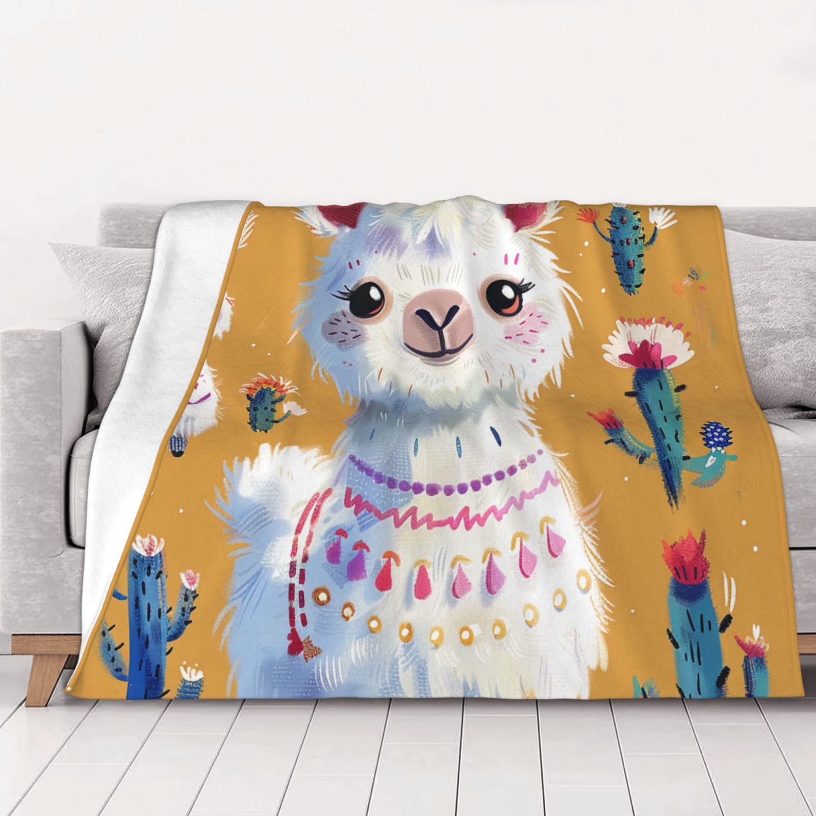 AUBKFELD Cartoon Alpaca Cute Animal Printed Flannel Blanket 150x125 CM, Soft & Warm Throw Blanket for Sofa/Couch/Bed/Car, Gifts for Audlts Women Men