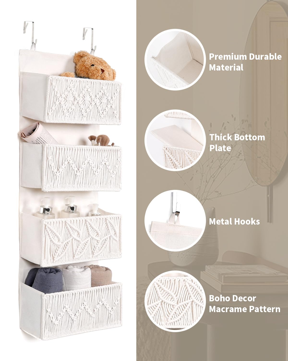 ANTIS'S HOME Organizador colgante para colgar sobre la puerta, tejido a mano de lino de algodón beige con 4 bolsillos, almacenamiento vertical para dormitorio, baño, guardería, cocina, organizador