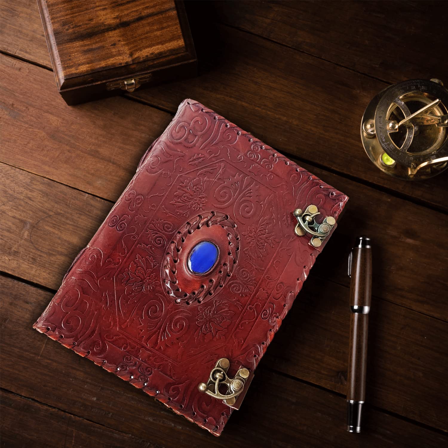 Jaald A5 Note Notebook Taccuino Foglie Diario Agenda Quaderno Album Fatto a Mano Copertina in Pelle Grimorio Diario note Bianco Chiusura fermaglio Personale Viaggio Regalo Vintage blu pietra