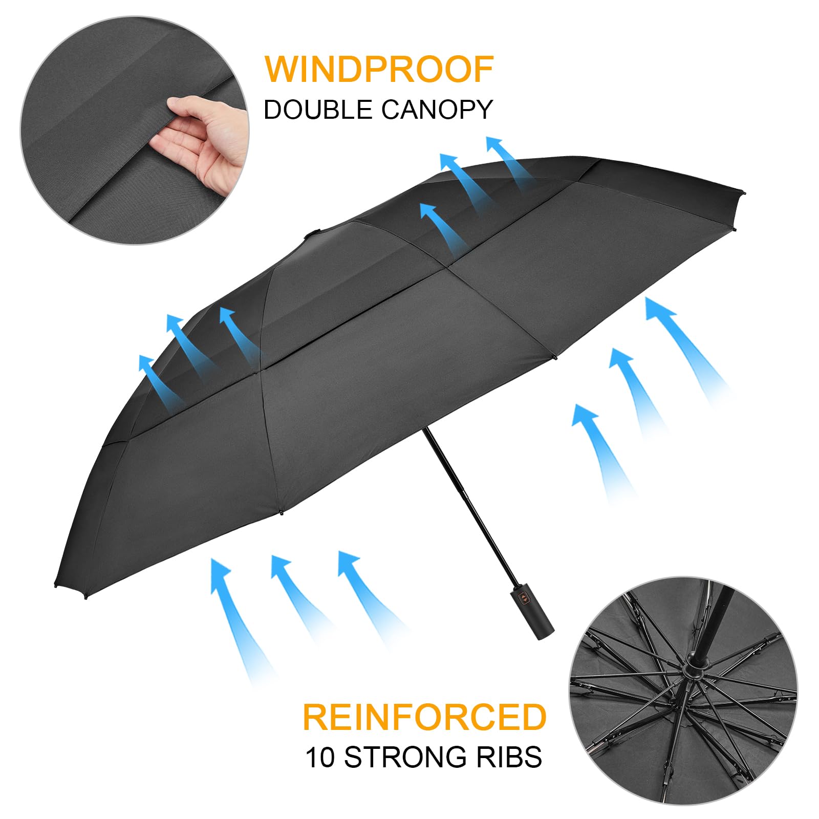 Prospo 62 Inch Large Travel Umbrellas for Rain Windproof, 10 Ribs Compact Reverse Folding Golf Umbrella, Double Canopy Automatic Open Close