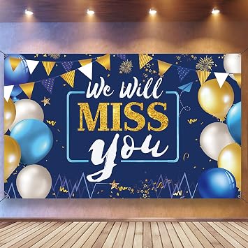 We Will Miss You Decorations Banner Backdrop, Blue Gold, Polyester, Going Away Party Decorations, Office Farewell, Graduation Parties, 6.1ft x 3.6ft with Backdrop and Ribbon