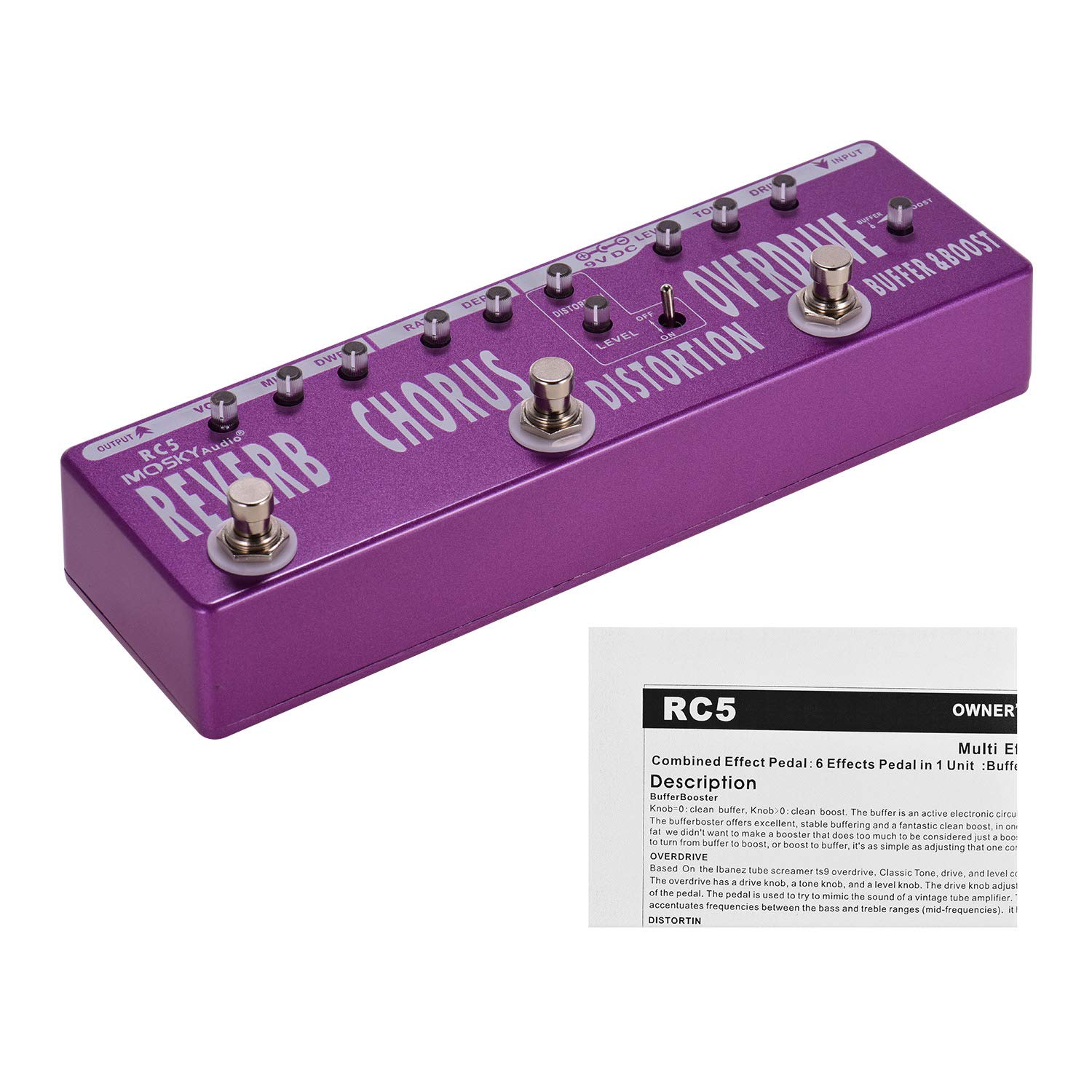 Pedał z wieloma efektami gitarowymi, RC5 6 w 1 gitara z wieloma efektami pogłosu + + zniekształcenia + Overdrive + Booster + bufor w pełni metalowa powłoka z True Bypass
