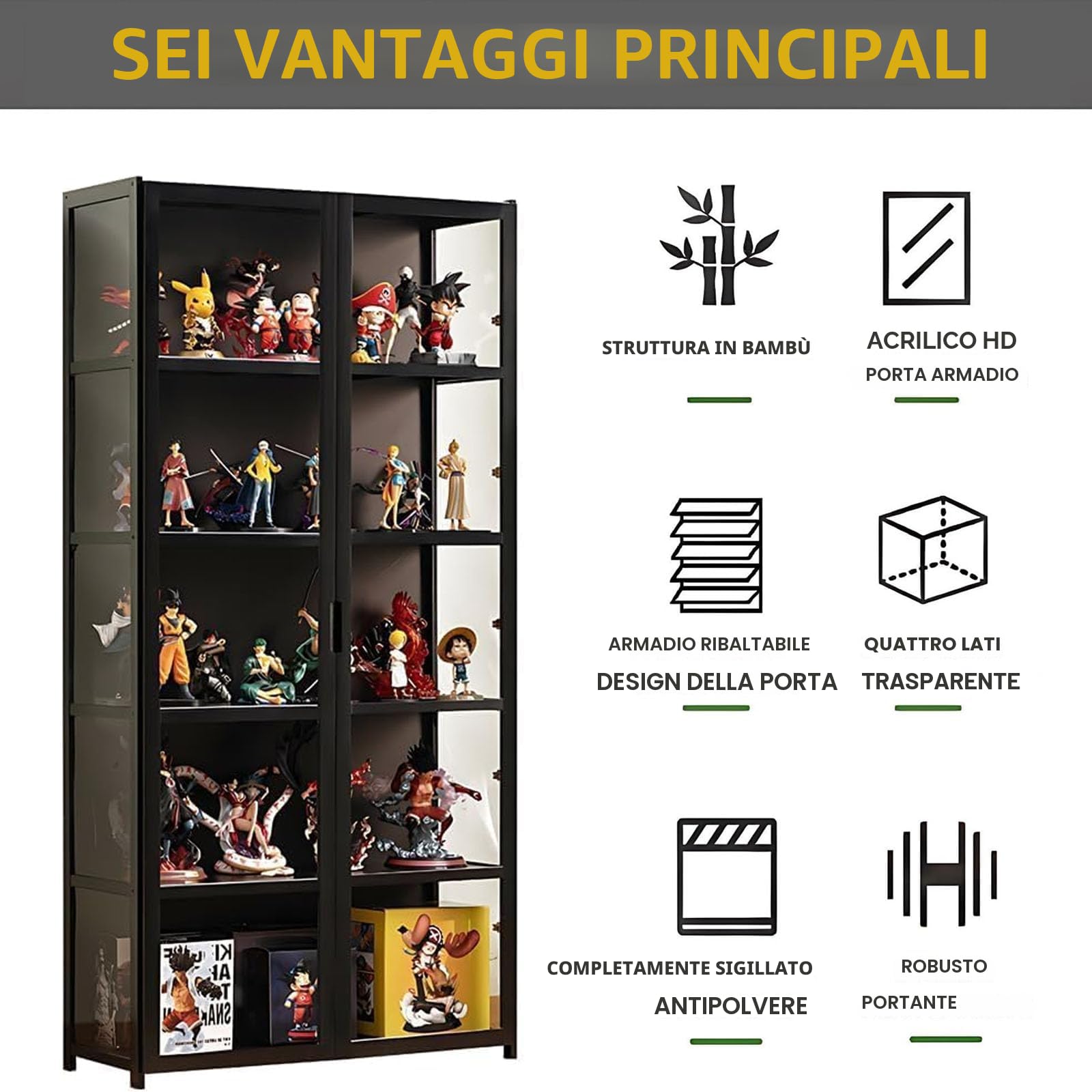 Vetrina anta vetro acrilico, vetrina 5 ripiani, organizer giocattoli collezione, libreria camera da letto, angolo lettura, bambini, bambù (porta a foglio nero)