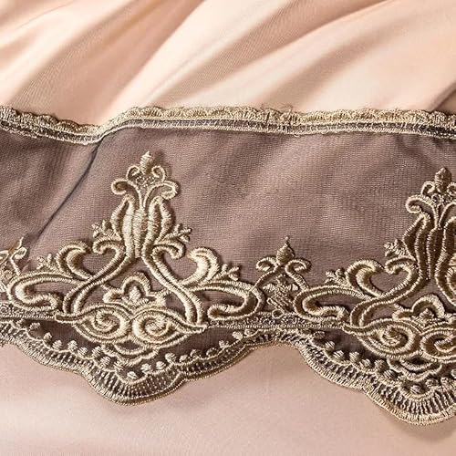 Luxury Satin King Size Duvet Cover And Pillow Set With Bed Skirt Perfect For Wedding Or Romantic Nights Soft Elegant Princess 4 Piece 100% Microfiber With Lace Boarder (Light Cappuccino) #TOP4