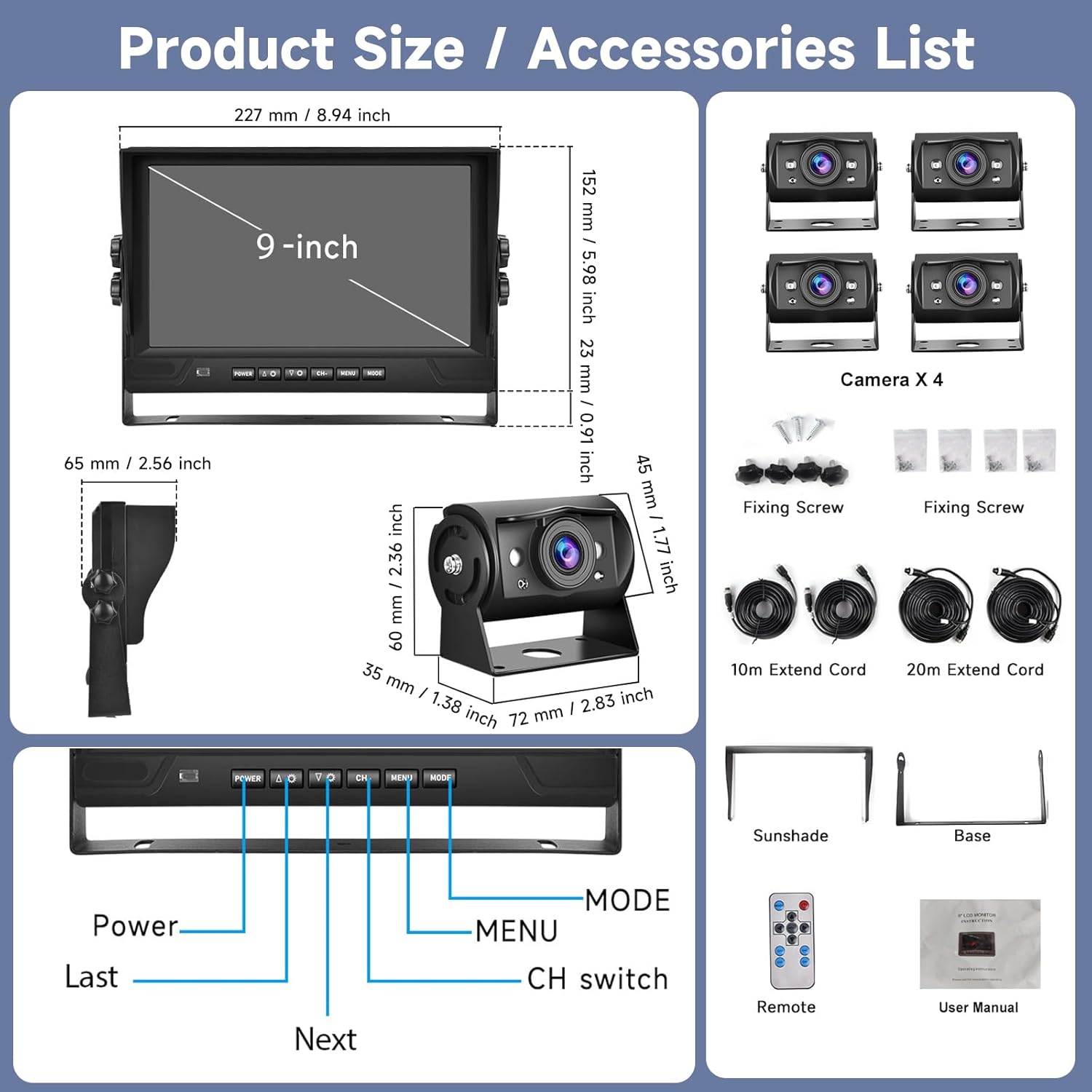 4 Channel 9 inch IPS Backup Camera System with Monitor for Tracks,RVs,Tractors, Bus, CementTruck, HD 1080P Wired Reverse Camera Waterproof Night Vision 4 Cameras Support Recording, Plug and Play