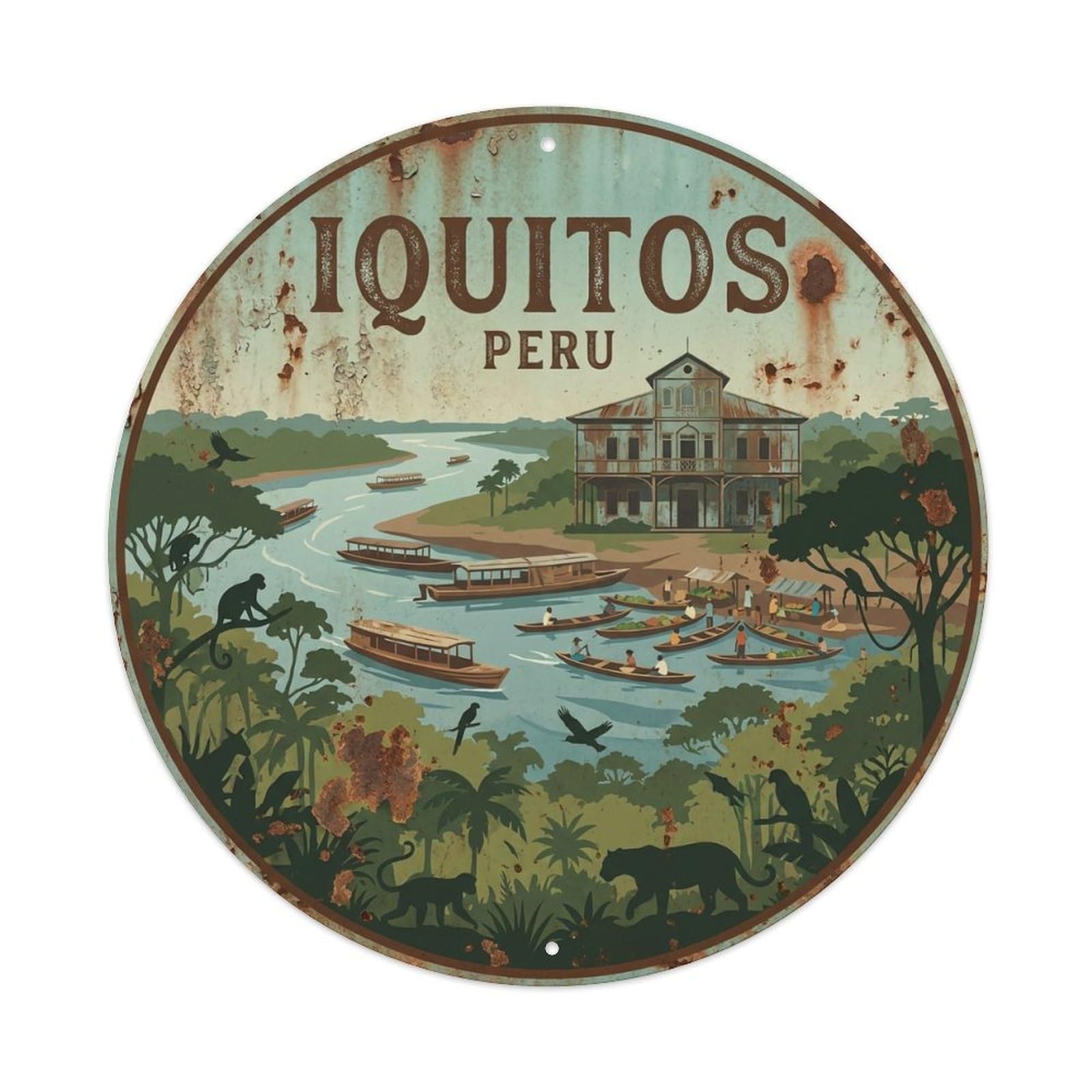 Retro Peru Travel Iquitos Vintage Metal Tin Sign Plaque Wall Decor for Cafe, Club Bar, Office, Garden Metal Poster 8x8Inch