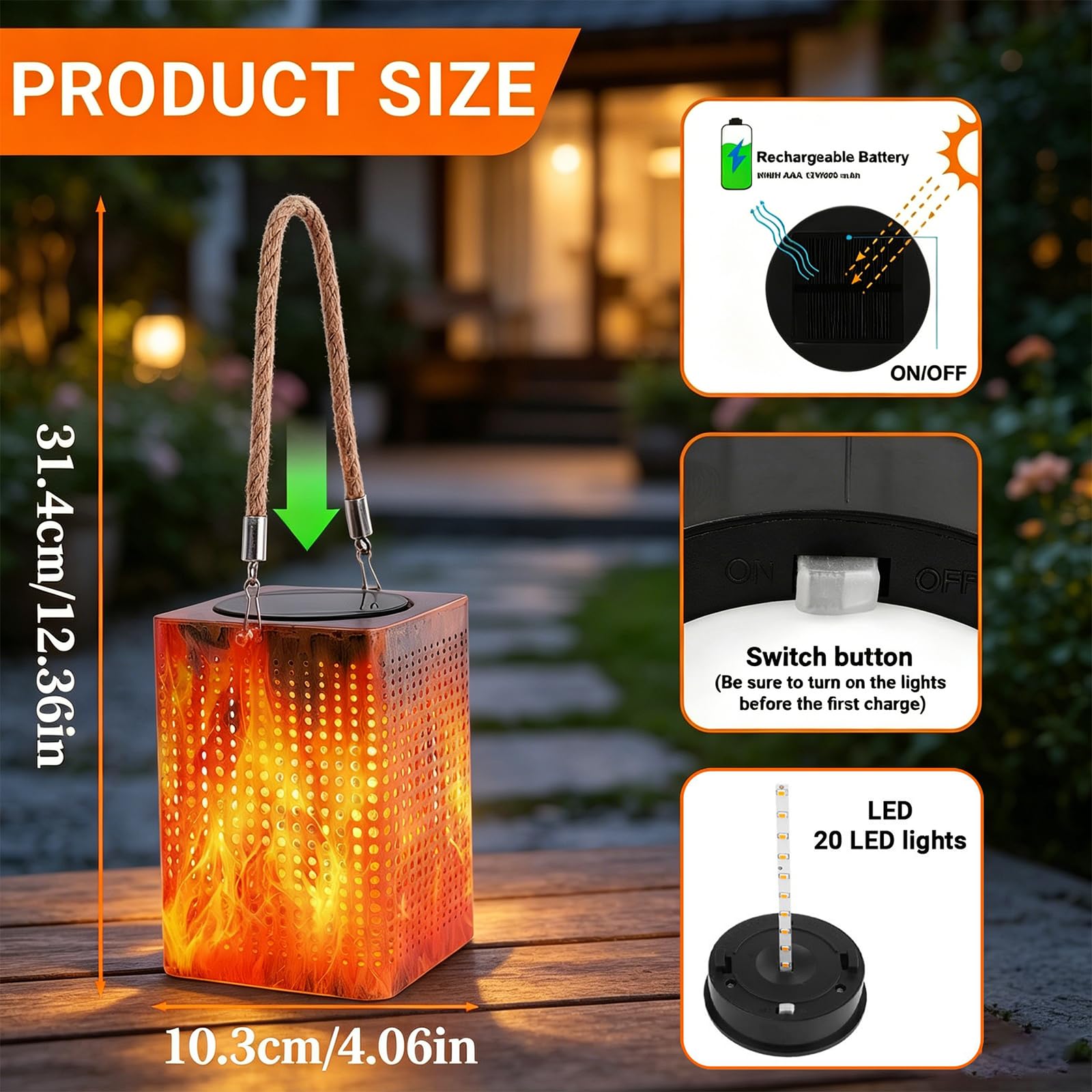 Lanterna a fiamma solare per esterni, impermeabile, confezione da 2 luci solari con effetto fiamma tremolante, IP65, resistenti alle intemperie, lanterne LED per giardino, patio, portico, balcone