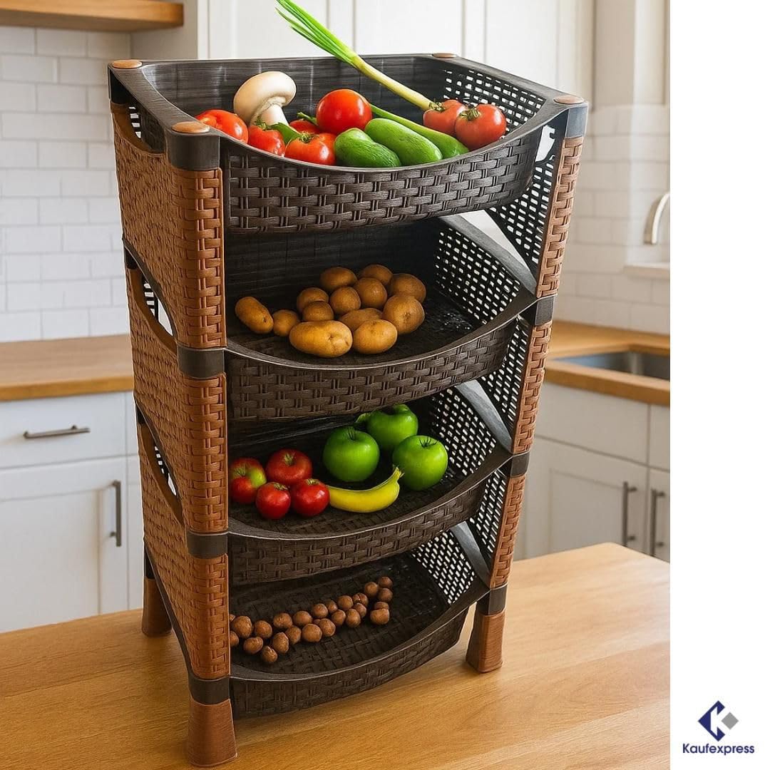 Gemüseregal mit 4 Etagen Regal – Kunststoff in Rattan-Optik – Braun/Schwarz – Stapelbares Küchenregal für Gemüse, Vorräte & mehr