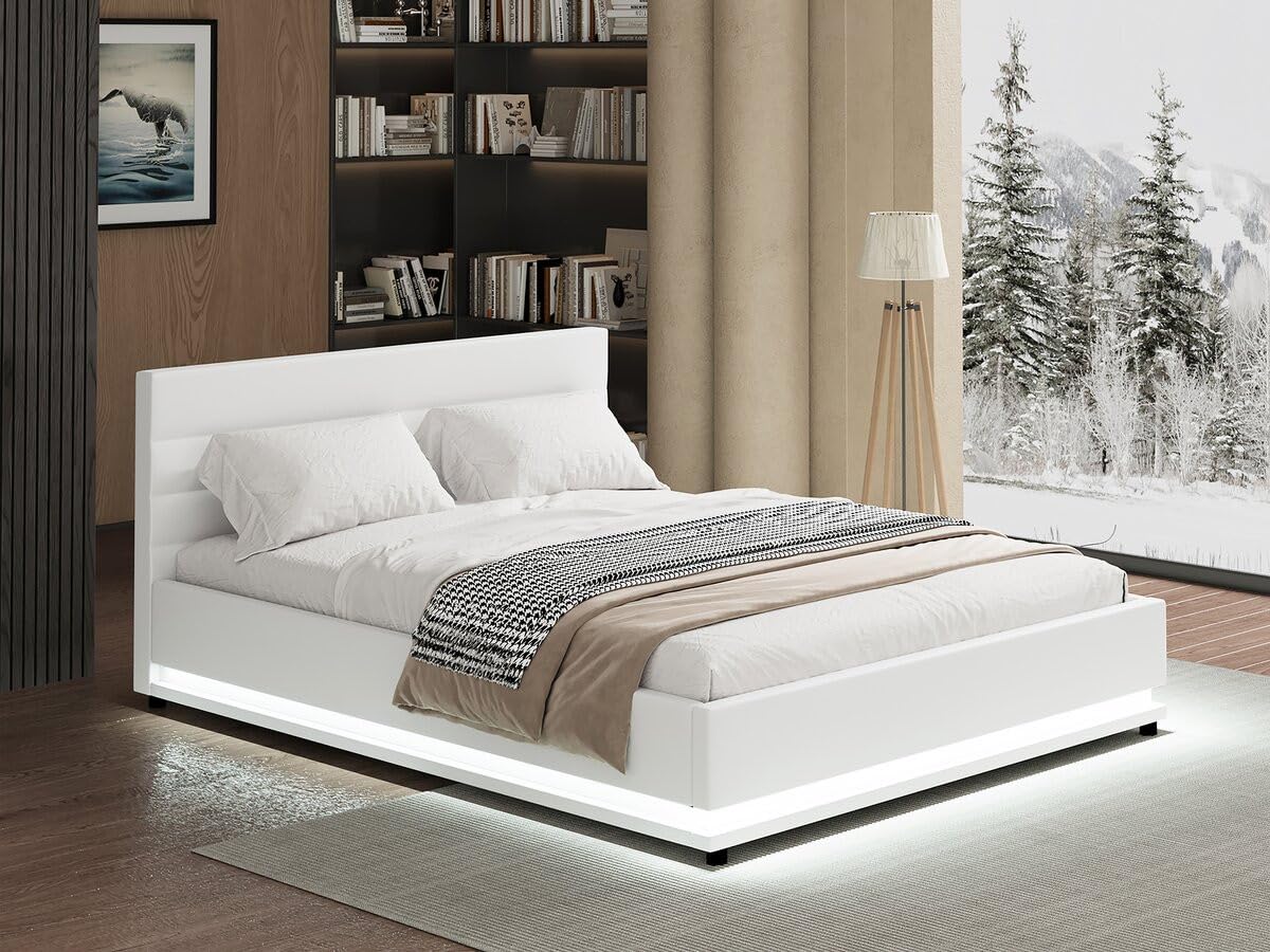 Habitat et Jardin - Lit Double LED Anastasia en Simili Blanc avec Coffre Rangements 160 x 200 cm | Cadre de Lit 2 Places Design | Sommier à Lattes et Tête de Lit Inclus