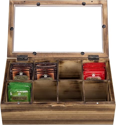 MyGift Cofre organizador de té de madera quemada, bolsa de té de madera y caja de condimentos con 8 compartimentos divididos y tapa de cierre