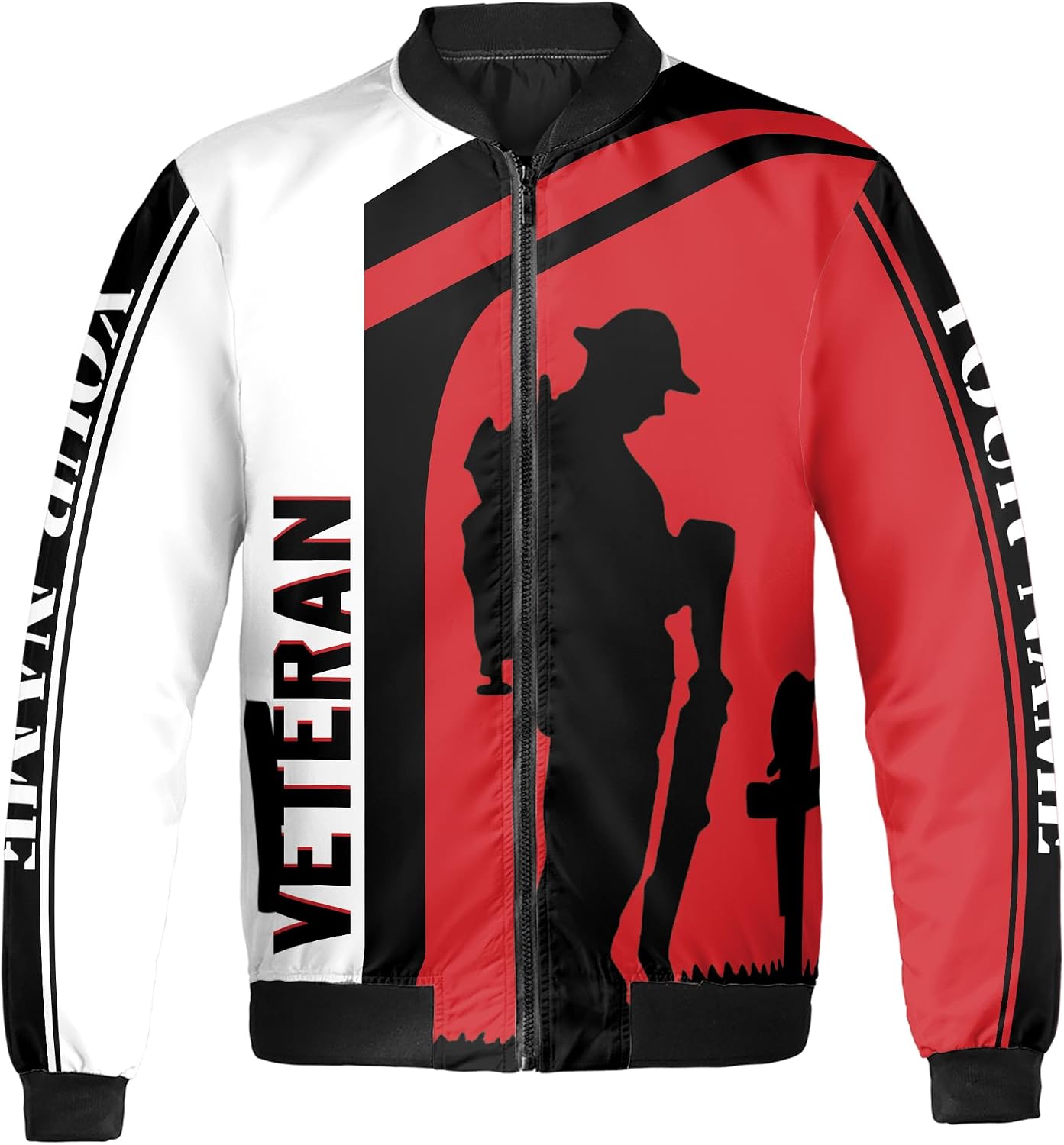 Customize Name Veteran Soldiers Military Tribute Helmet Cross Black White Red Bomber Jacket S-5XL