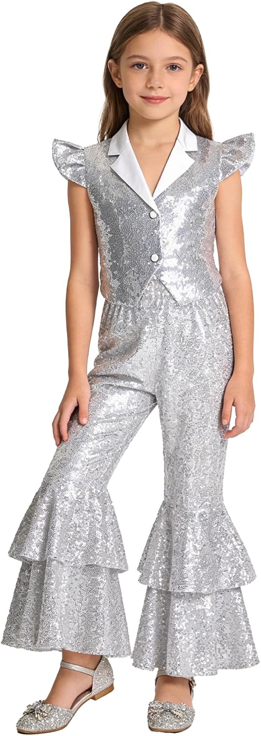 JanJean Kids Metallic Tops Sparke Trouser Cropped Jacket Sparkle Elastic Waist Dance Pants Streetwear