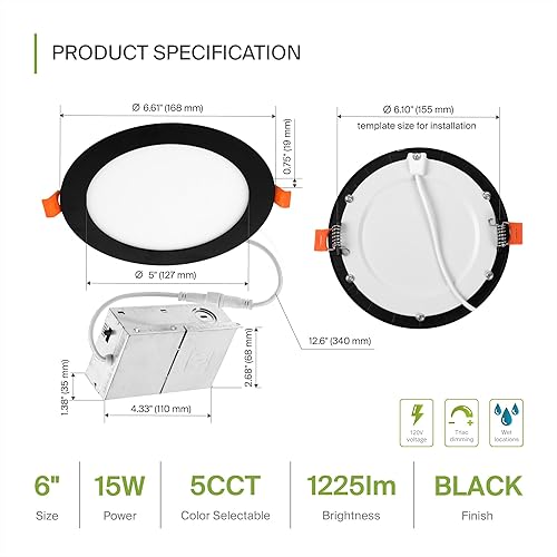 Miniatura 10 de ASD Iluminación LED empotrada ultrafina de 8 pulgadas con caja de conexiones 5 CCT de 2700K-5000K seleccionables techo redondo regulable oblea LED