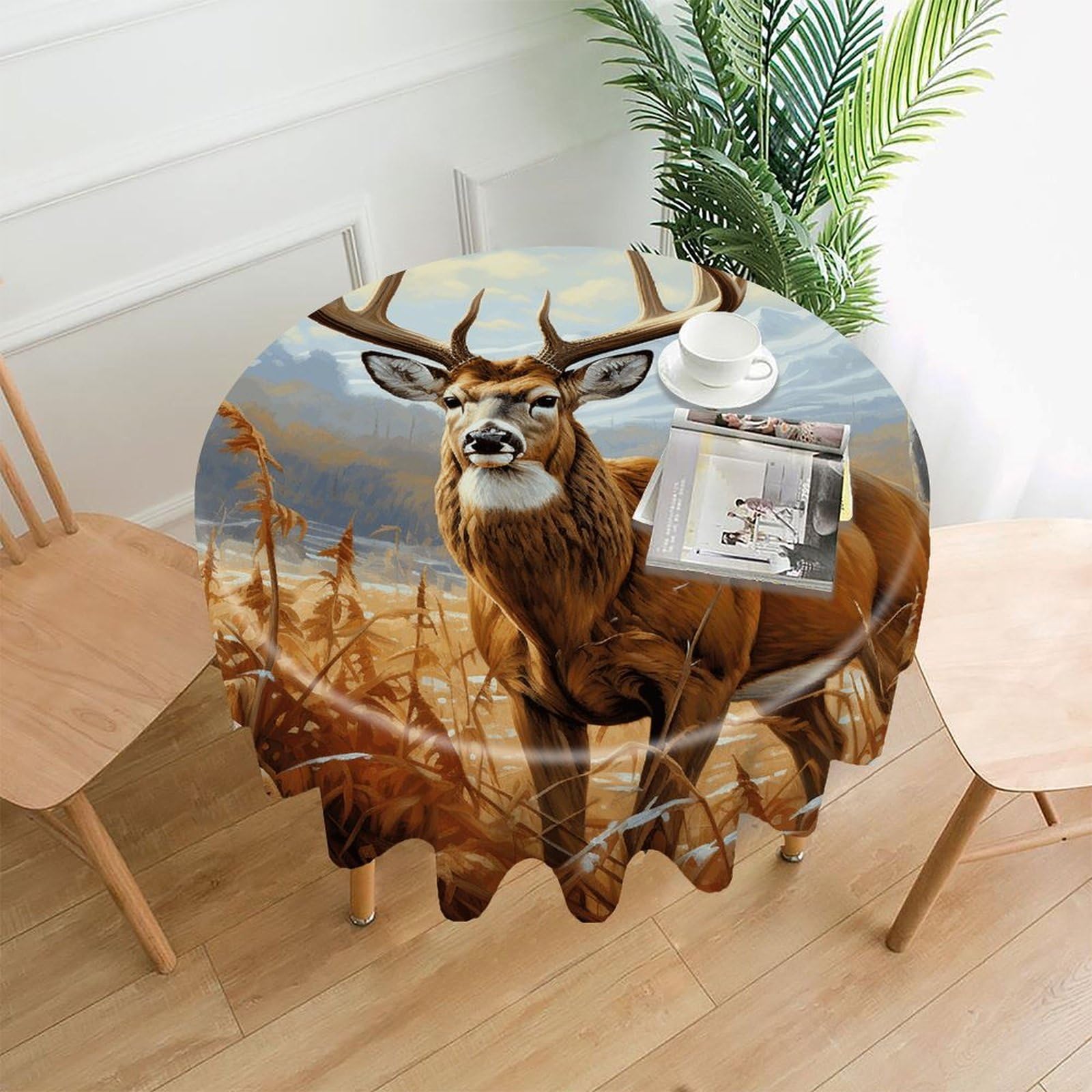 VstaDank Buck Deer Table Cloth Fashions Washable Round Tablecloth Decorative Table Cover Comfortable Straight Edge Tablecover for Dining Kitchen Party Outdoor 60 Inch