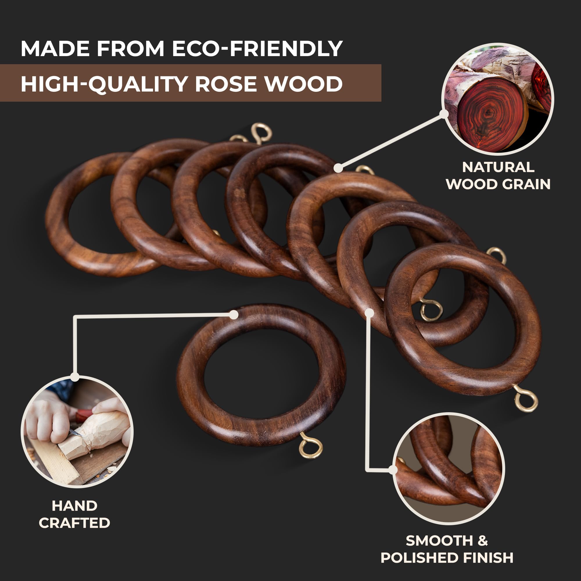 INANOSA Handcrafted Natural Rose Wood Curtain Rings with Hooks – 2.5