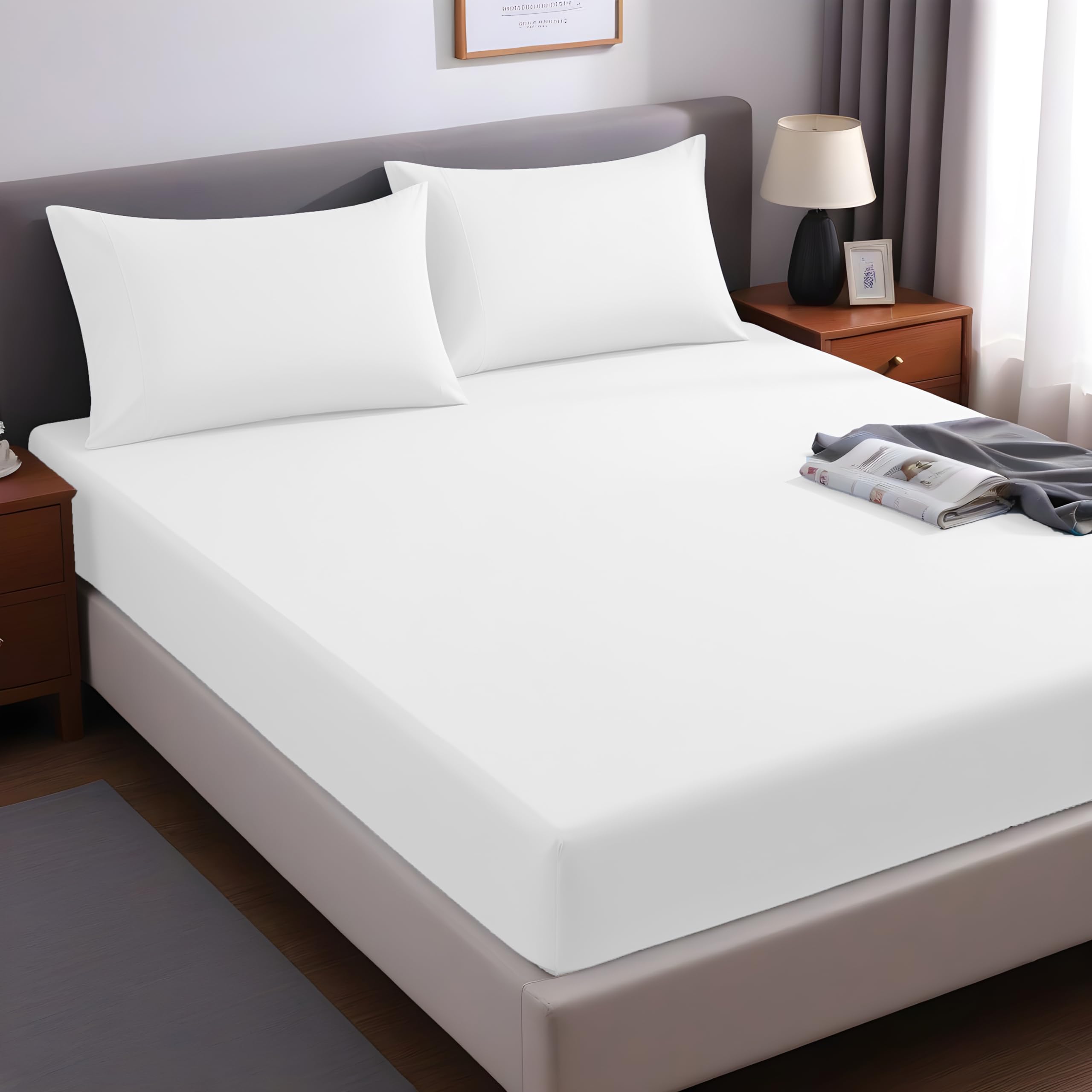 LINENWALAS Luxueus Draaddichtheid 1200 Supima katoen Kingsize hoeslaken met kussenslopen, hoogwaardig katoenen onderlaken 150 x 200 cm, dik hoeslaken, 40 cm hoekdiepte (kingsize, wit