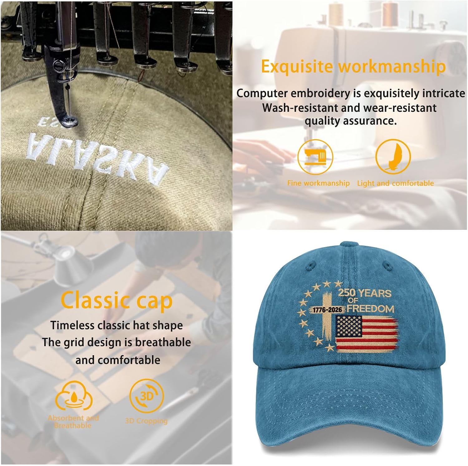 US 250 Years Freedoms 1776-2026 250th Birthday Embroidered Hats Garde Cap for Him image 3
