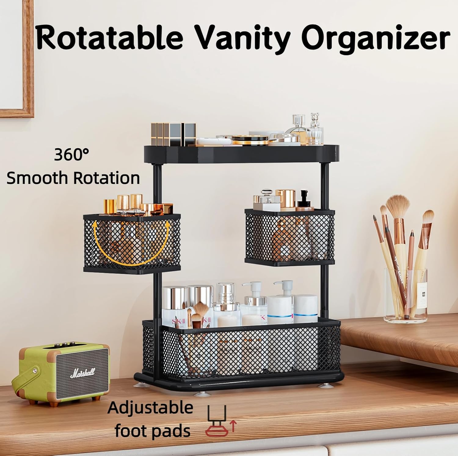 Bathroom Counter Organizer 3 Tier Rotating Cosmetic Holder Standing Shelf Vanity Bedroom Storage Cabinet Bathroom Tray for Countertop Storage Kitchen Spice Rack (Black, 3Tiers)