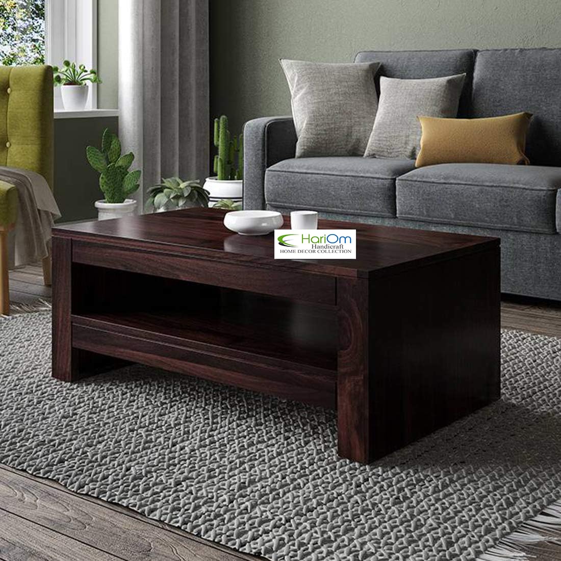 Hariom Handicraft KendalWood Furniture Rectangle Sheesham Wooden Coffee Table for Living Room | Wooden Center Table (Center Coffee Table, Mahogany Finish)