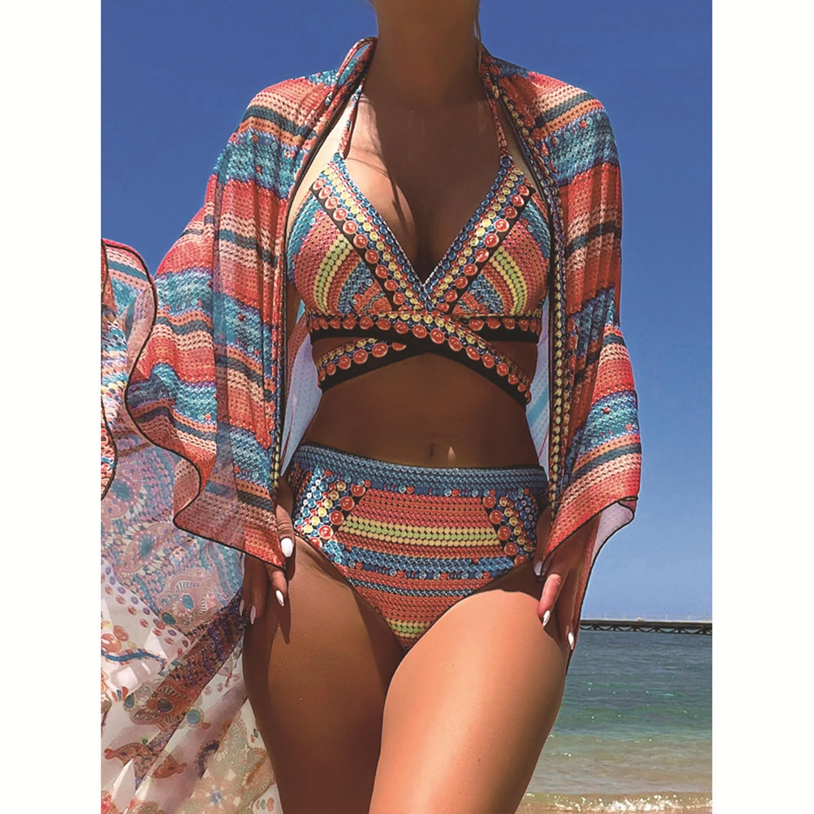 Conjunto Bikini 3 Piezas Boho Mujer, Traje baño con Salida Playa Malla, Halter Tirantes Finos, Estampado Floral, Cuello V, Copa Triangular, Lazo Espalda