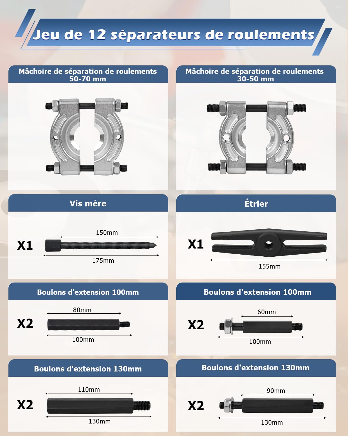 DAYUAN 12 pièces Ensemble d'extracteurs de roulements, séparateur de roulements, kit d'extraction de roulements de Roue de pignon avec mâchoires de 30 à 70 mm | Kit d'extraction de roulements à billes de 5,1 cm et 7,6 cm