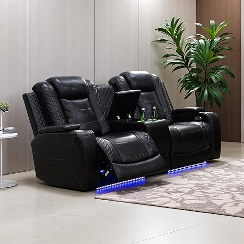 Miniatura 27 de Juego de sofá reclinable eléctrico, juego de sofá reclinable de cine en casa, sofá biplaza reclinable de cuero transpirable con Debut negro,Negro