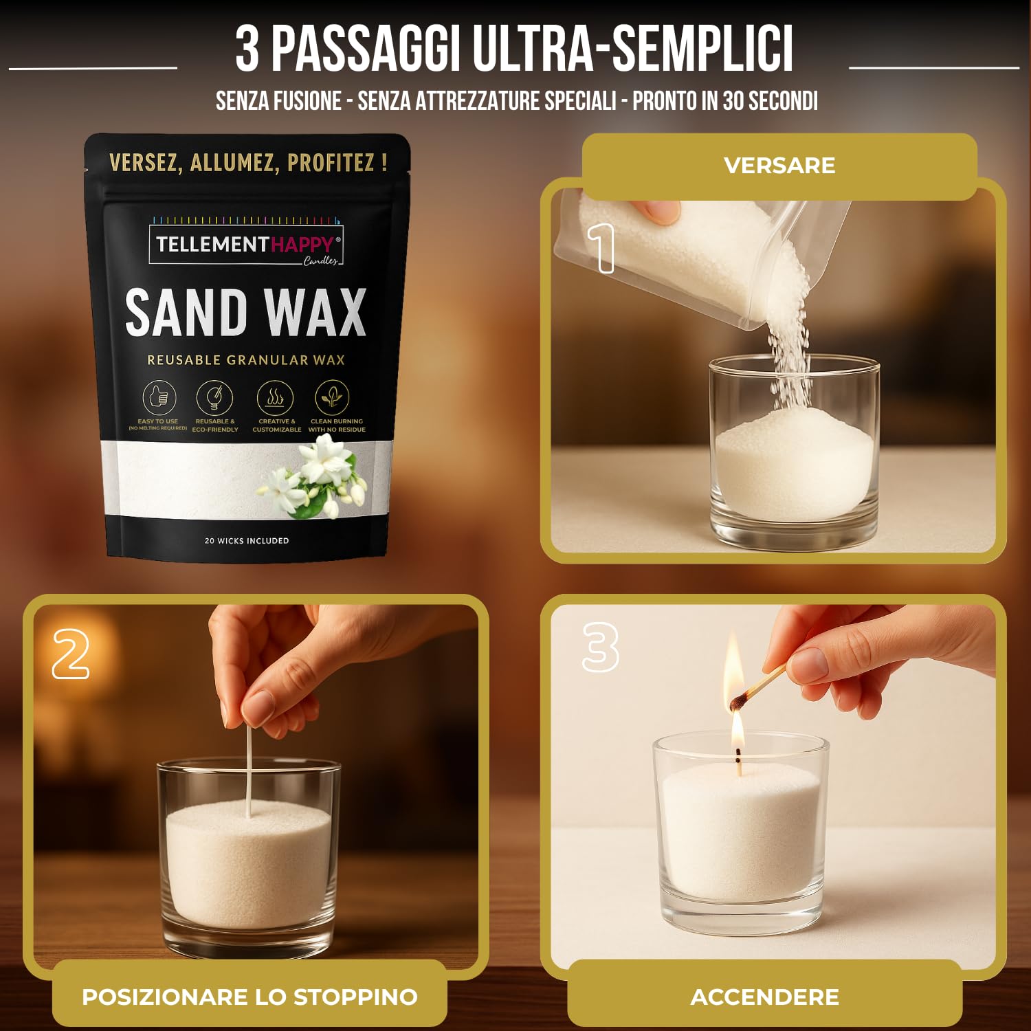 Cera per Candele in Sabbia 1kg 20 Stoppini Profumo Gelsomino Sand Wax Ecologica e Riutilizzabile | Facile Creazione | Granelli di Cera Vegetale | Perfetto per DIY Candele Artigianali