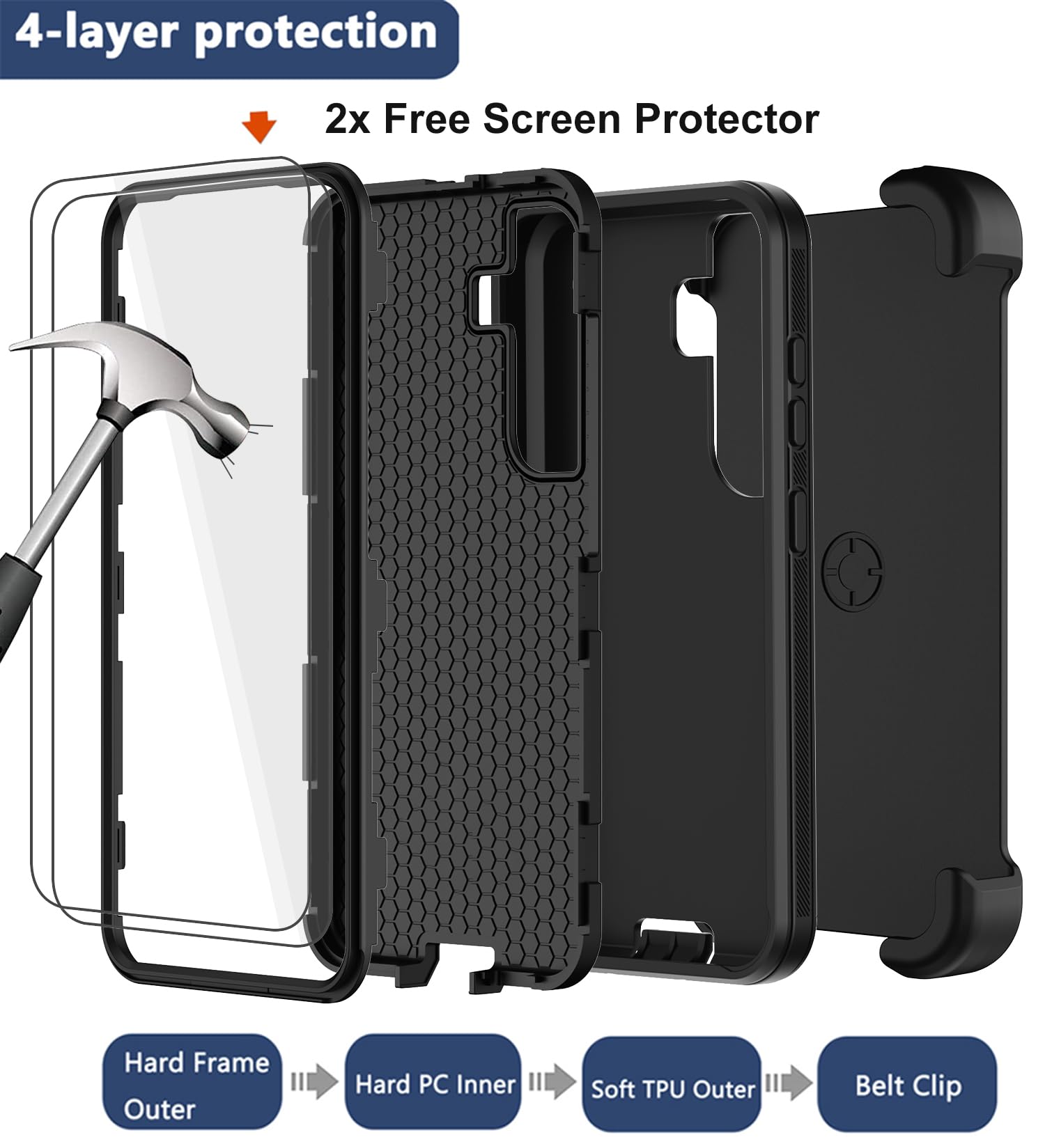 Custodia per Samsung Galaxy S25 Plus con fondina con clip per cintura, protezione schermo x2, resistente, di grado militare, antiurto, antipolvere, robusta custodia protettiva per Samsung S25