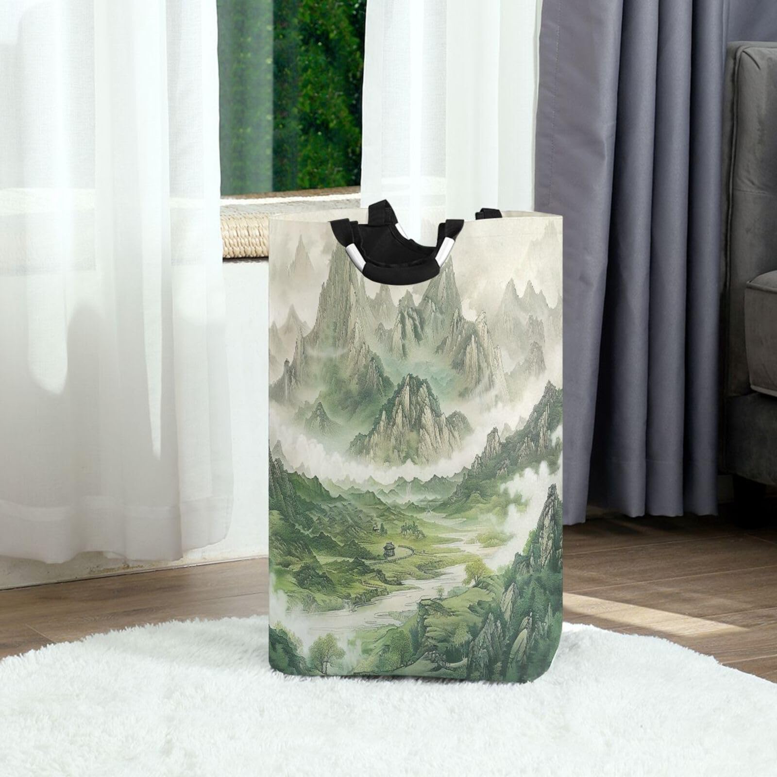 Jihqo Laundry Hamper Basket Misty Mountain Collapsible Nursery Storage Bin Waterproof Clothing Baskets for Home Bedroom Bathroom Washing Room