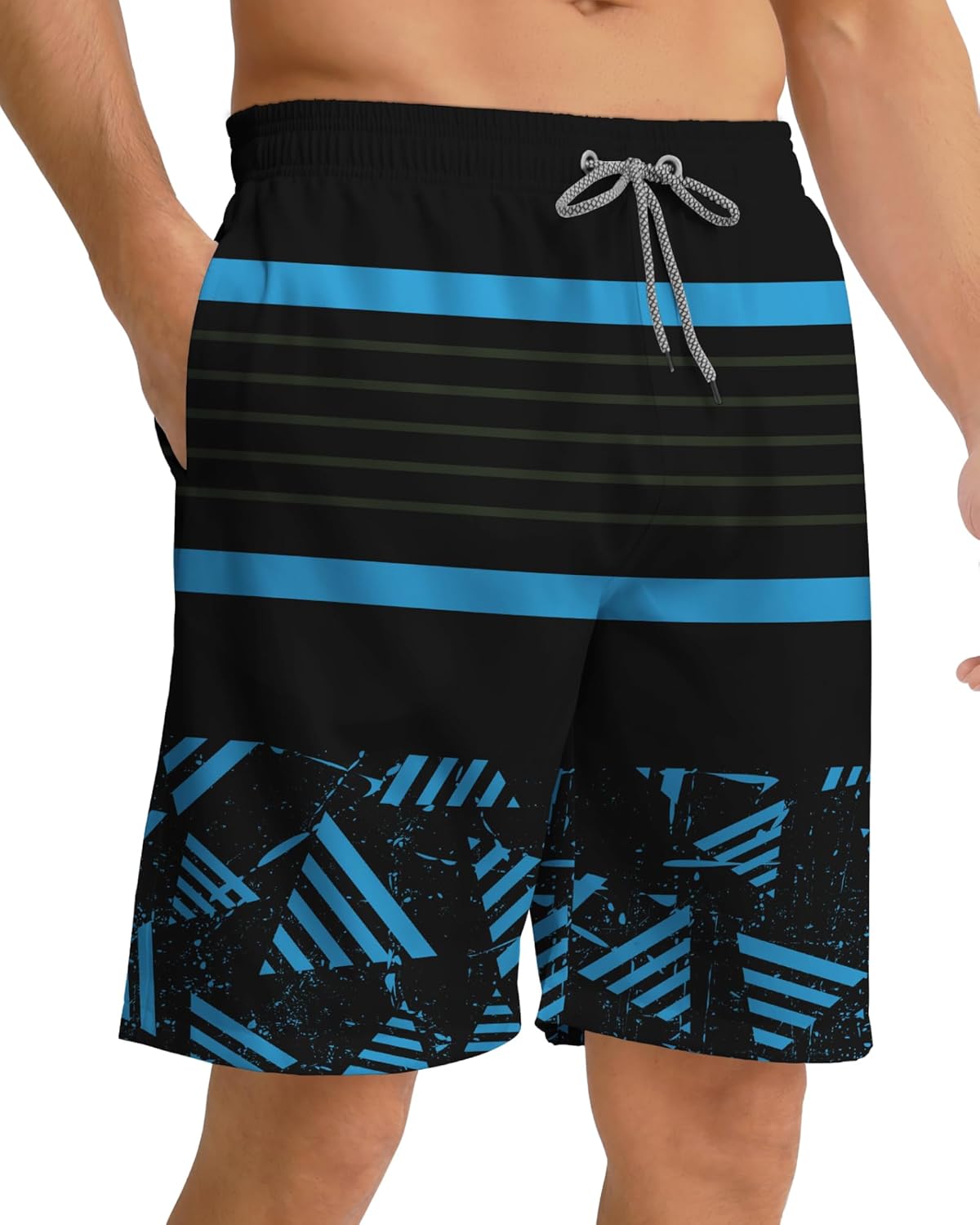 Men's Swim Trunks Board Shorts Bathing Suit Swimwear Mesh Lining Quick Dry Beach Shorts Small Black & Blue Stripes