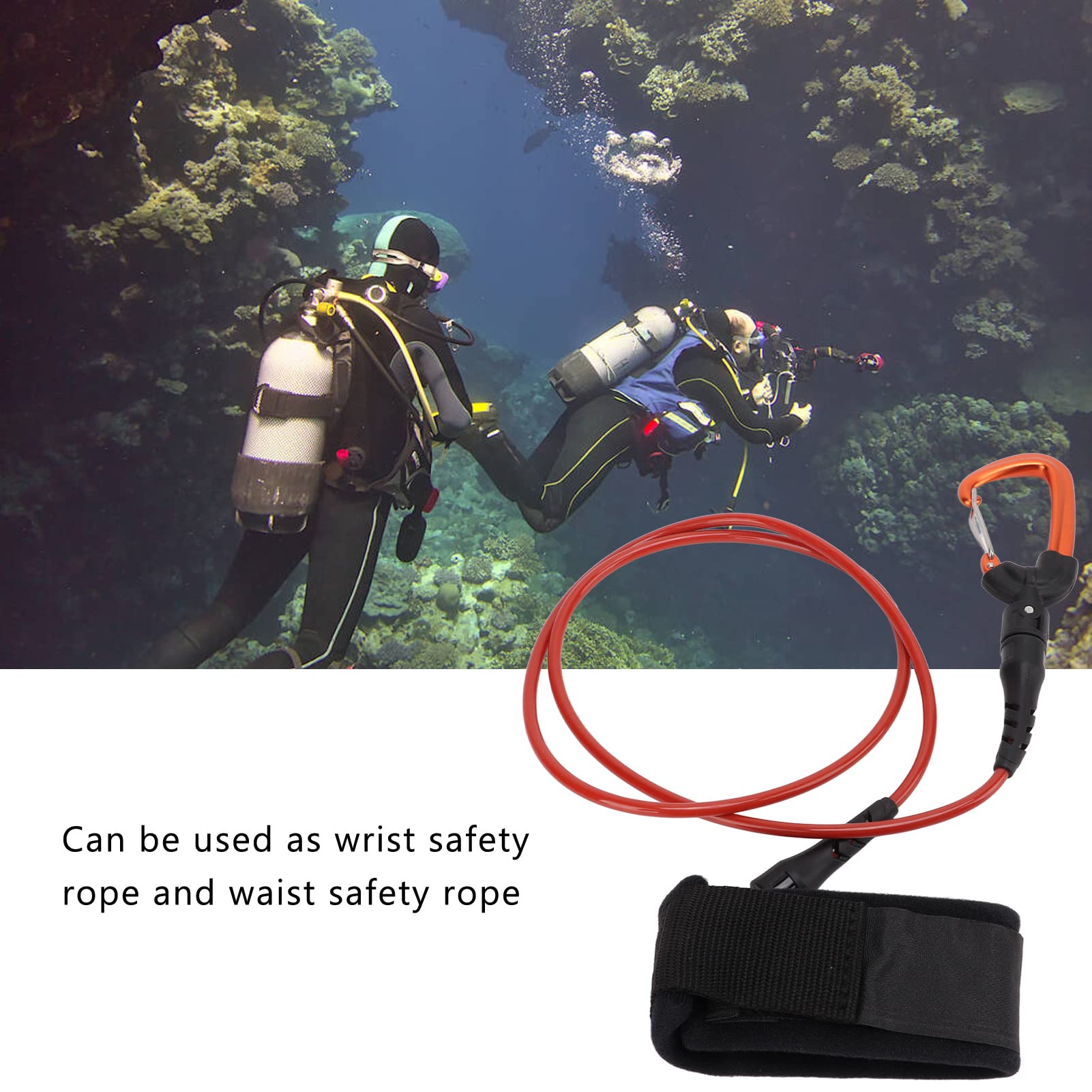 Laisse de Longe d'apnée, câble de Corde de sécurité de plongée en Acier Inoxydable, Longe de sécurité d'apnée Multifonction avec Mousqueton de Bracelet pour Les Sports