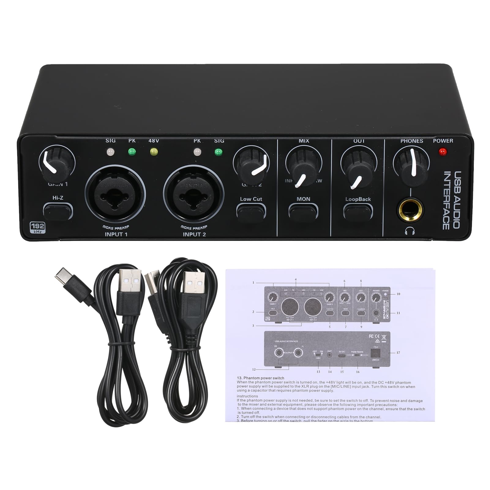 Tarjeta de Sonido de Interfaz de Audio USB RHM 2 en 2 Salidas con Alimentación Fantasma de 48 V para Grabación y Mezclador de Audio Profesional