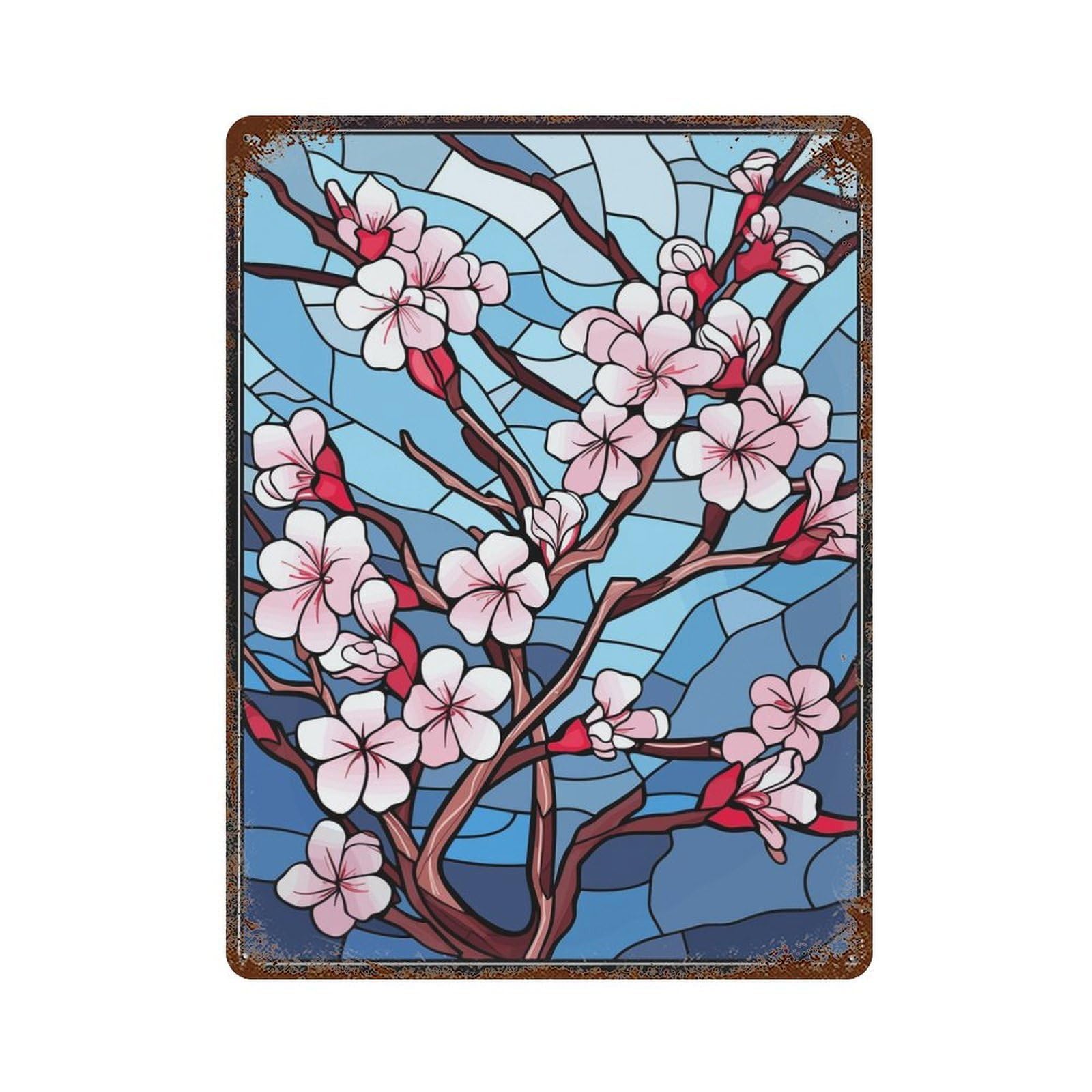 Rust Effect Tin Sign with Cherry Blossom Glass Design 15.7"x11.8", for Pub, Kitchen And Man Cave Decor, Industrial Home Decor