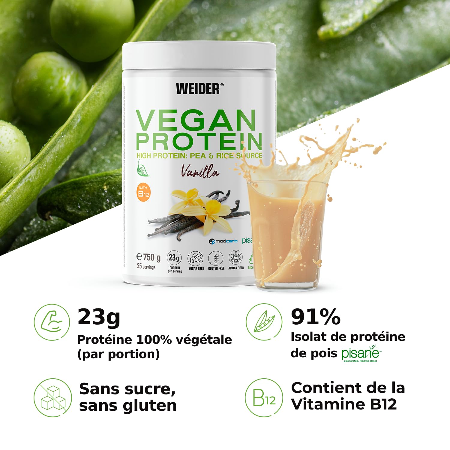 Weider Vegan Protein (750g) Goût Vanille. Protéines 100% Vegetal 23g/dose, Pois (Isolat Pisane) & Riz. Avec Vitamine B12 & Stevia. Sans Gluten, Sans Sucre. Emballage 50% Recyclé, 100% Recyclable