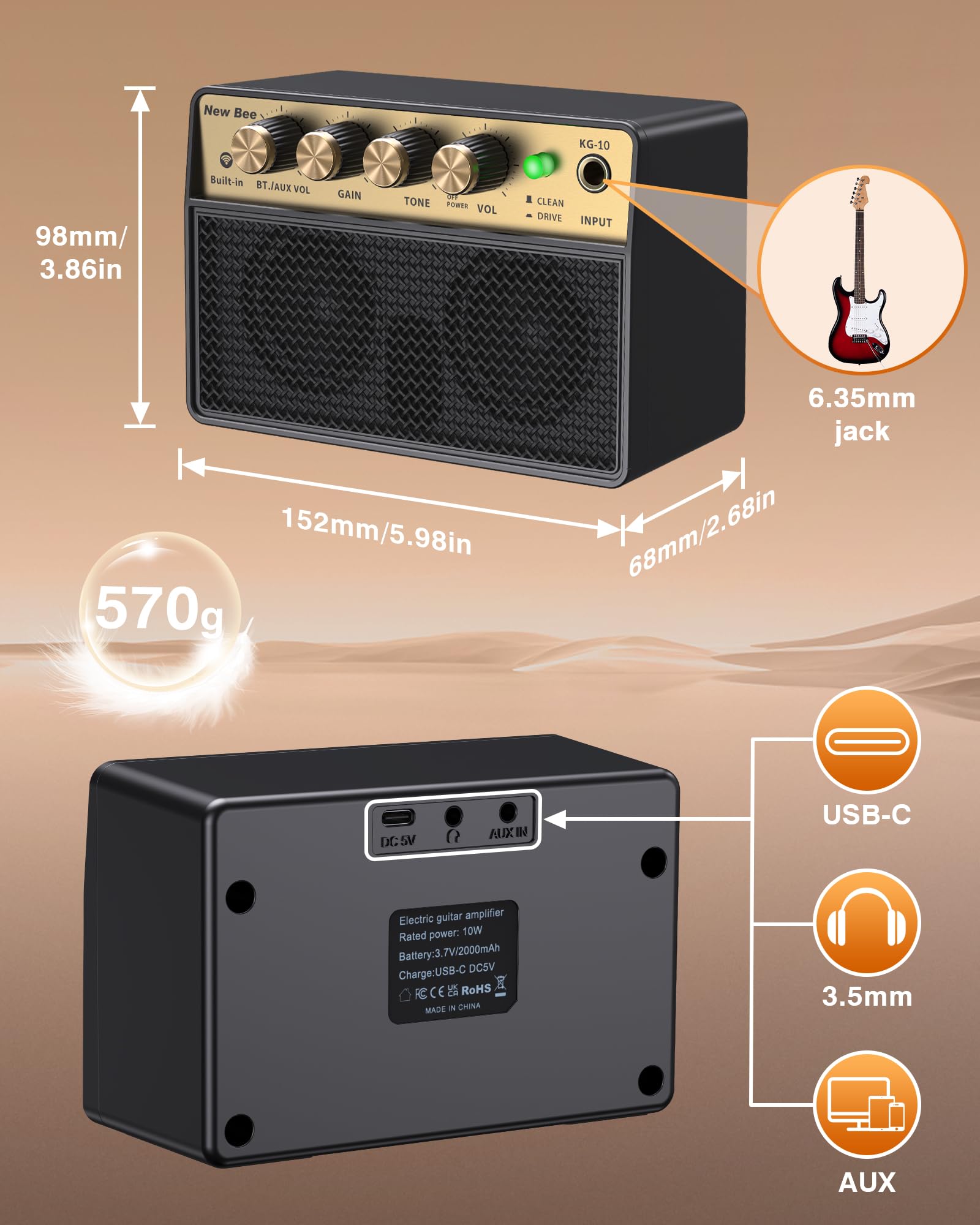 New Bee Gitarrenverstärker 10W Mini Verstärker Gitarre mit Clean & Drive Kanal Amplifier Guitar Wiederaufladbar und Tragbar Guitar Amp 6,35mm Eingangsbuchse für E-Gitarre, Bass