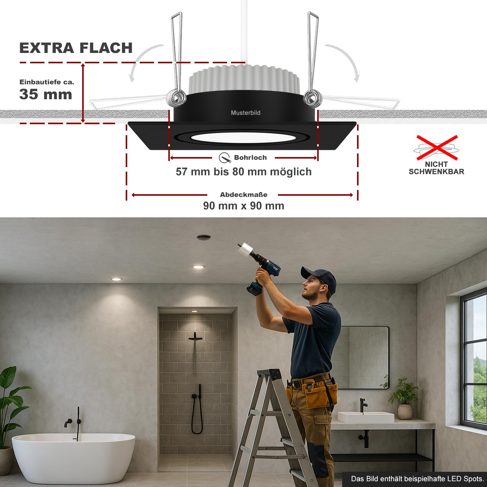 trendlights24 Mare Decken Einbaustrahler IP44-5er Set ultra flach 35 mm LED Spots 5W dimmbar 230V Neutralweiß 4000K - Schwarz - Bad außen