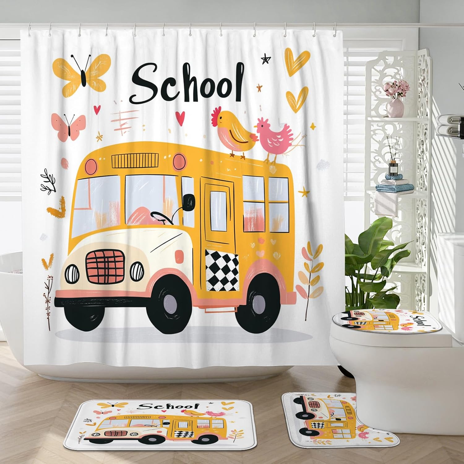 4PCS Cartoon Chickens Chick Bathroom Accessory Sets with Non-Slip Rug, U Shape and Toilet Lid Cover Mat, Kid School Bus Bathroom Fabric Decor-72''x72''