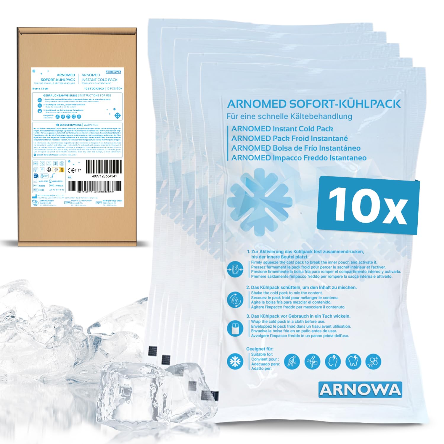 10x ARNOMED® Impacchi freddi monouso 8x13cm impacchi freddi pronti all'uso da piegare impacchi freddi istantanei per gonfiori e lesioni impacchi freddi monouso per lo sport e il primo soccorso