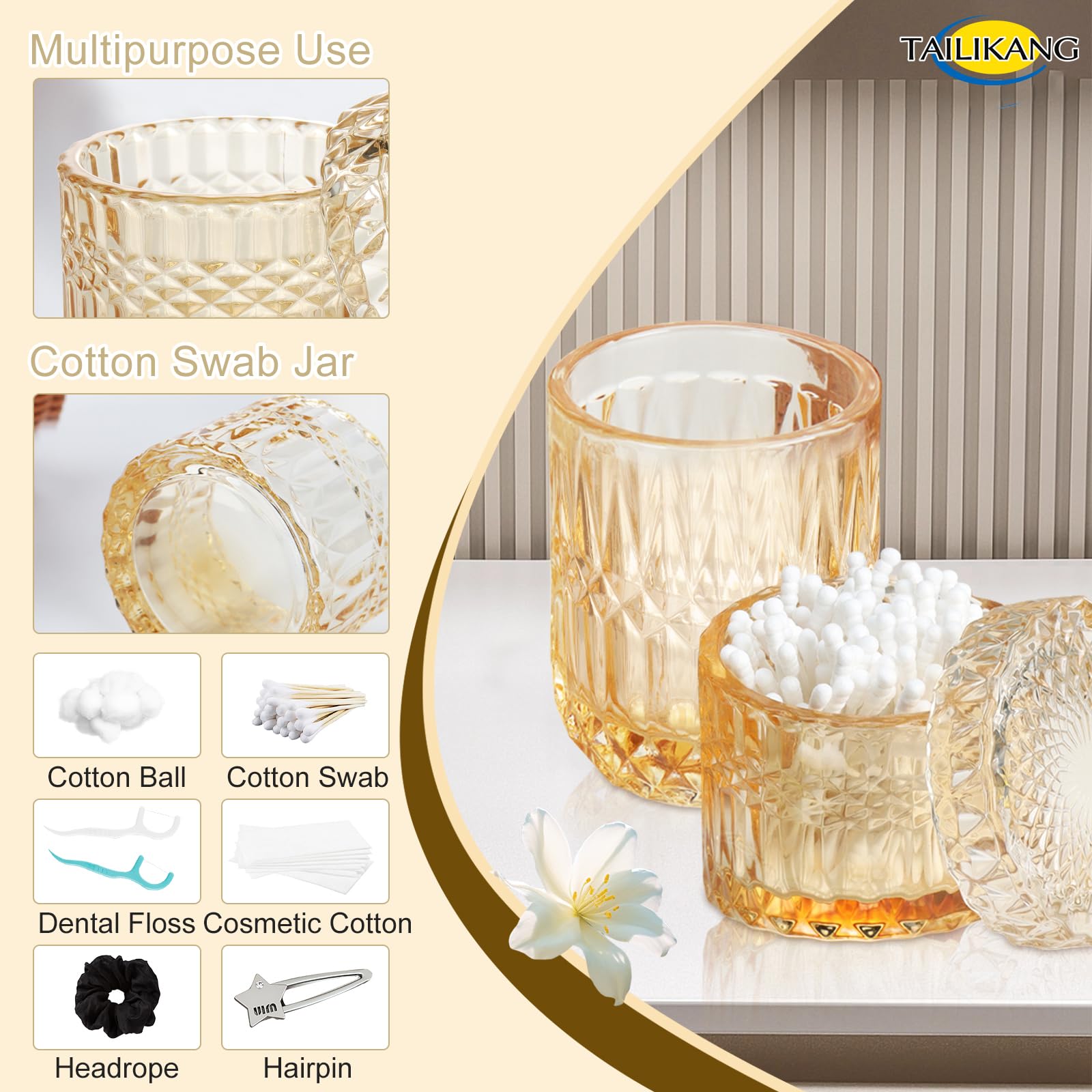 Set di accessori da bagno in vetro dorato, set completo di 5 accessori da bagno, decorazione moderna per il bagno con dispenser di sapone, piatto, portaspazzolino, bicchiere, bastoncini di cotone