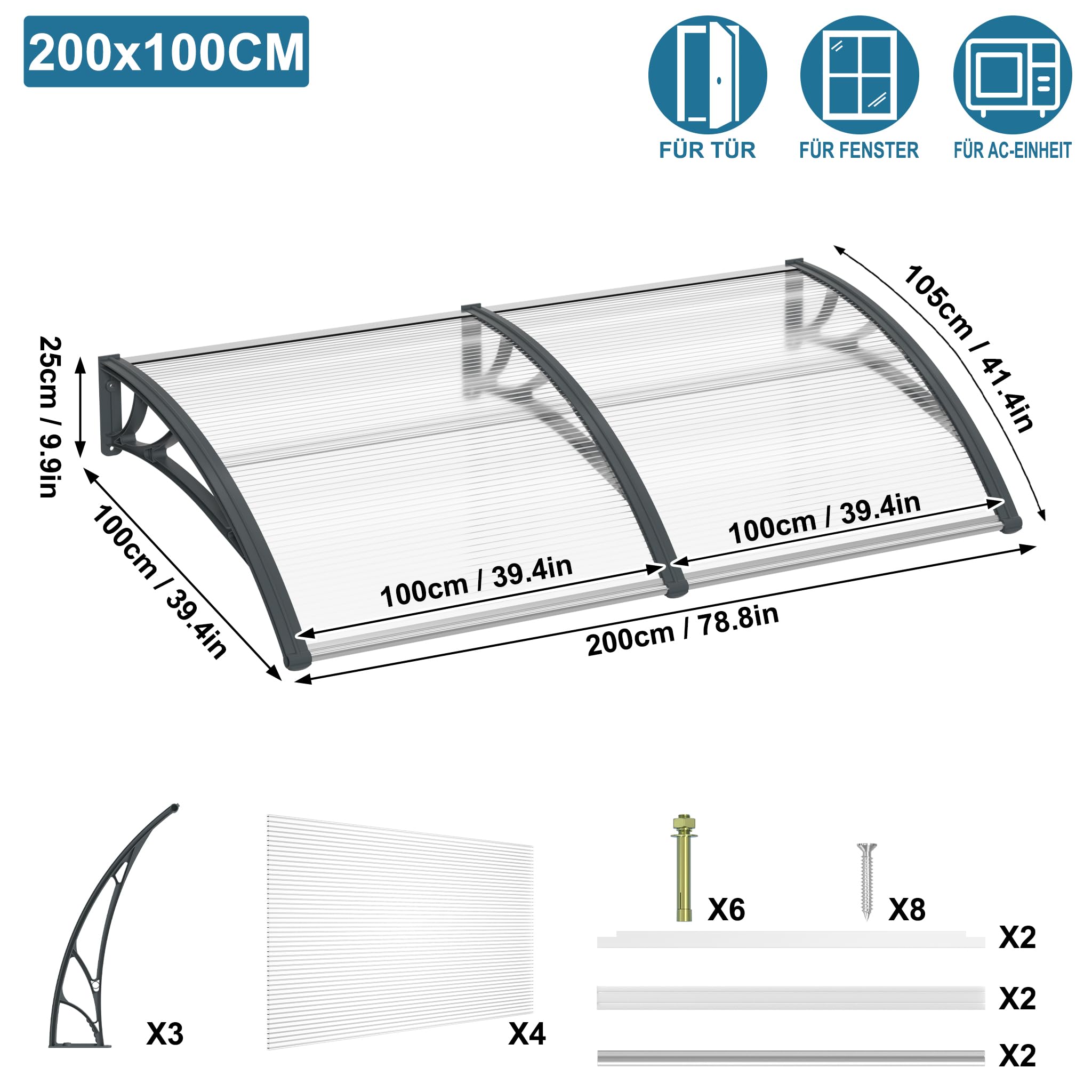 Aufun Vordach für Haustür 200 x 100 cm Pultvordach aus 5 mm Polycarbonat, PP Halterung, Graue Klammer