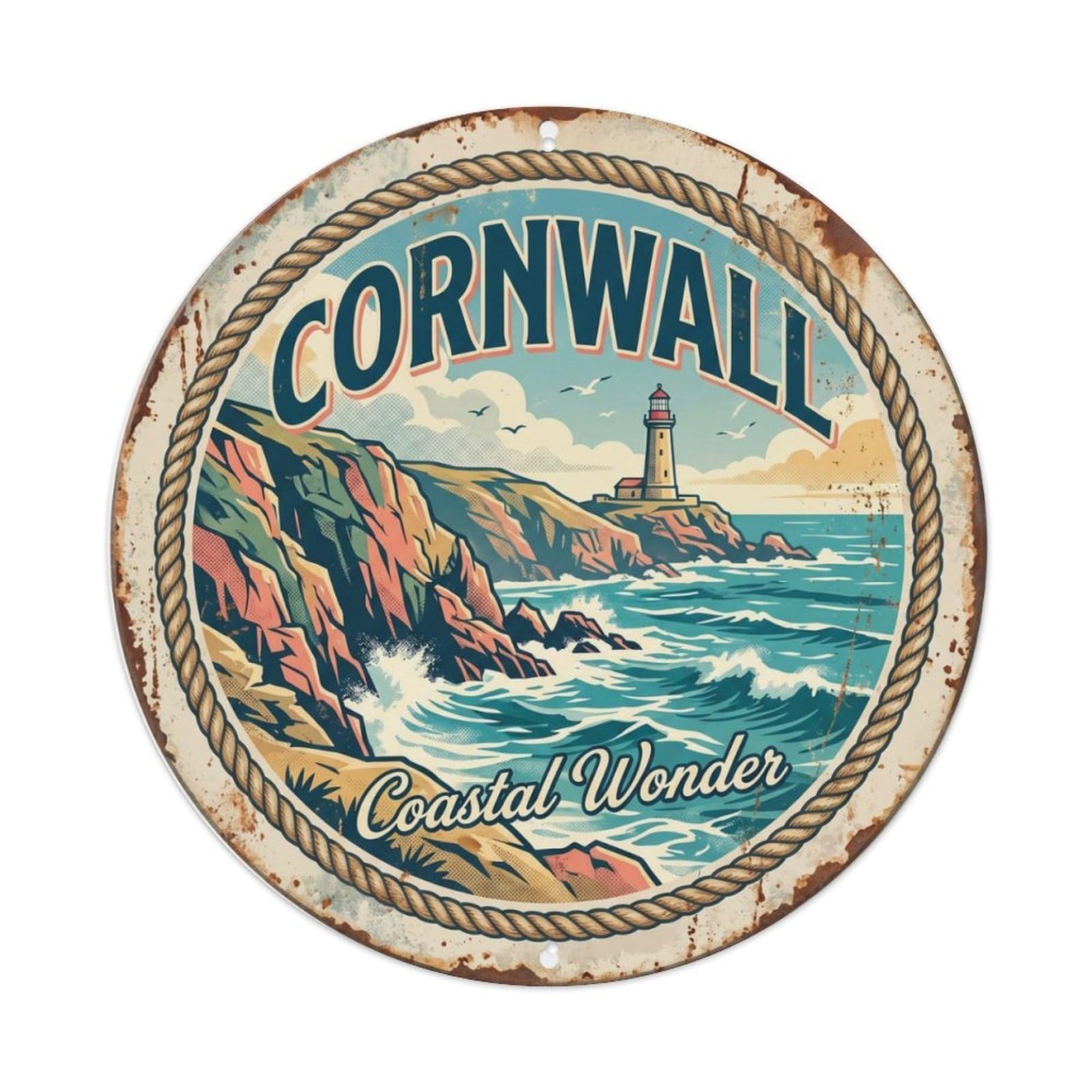 Vintage Travel Cornwall Coastal Cliffs Metal Tin Sign Plaque Wall Decor for Cafe, Club, Garden Round Metal Poster 8x8Inch