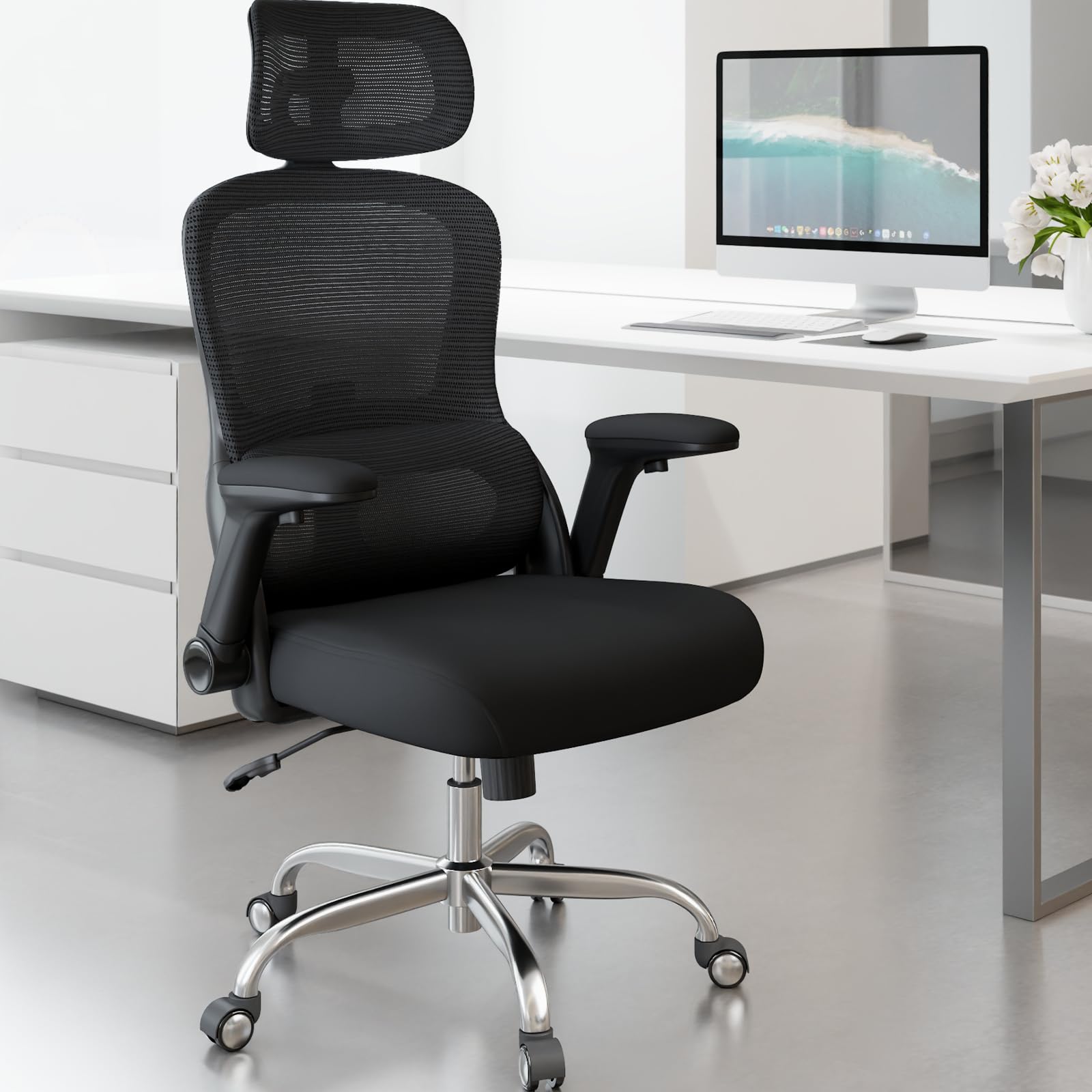 TRALT Bürostuhl Ergonomisch - Bürostuhl - Gaming Stuhl mit Verstellbare Kopfstütze Lordosenstütze Home Office Desk Chair - Schreibtischstuhl Computerstuhl für Große Menschen Mesh-Stuhl 150kg Schwarz