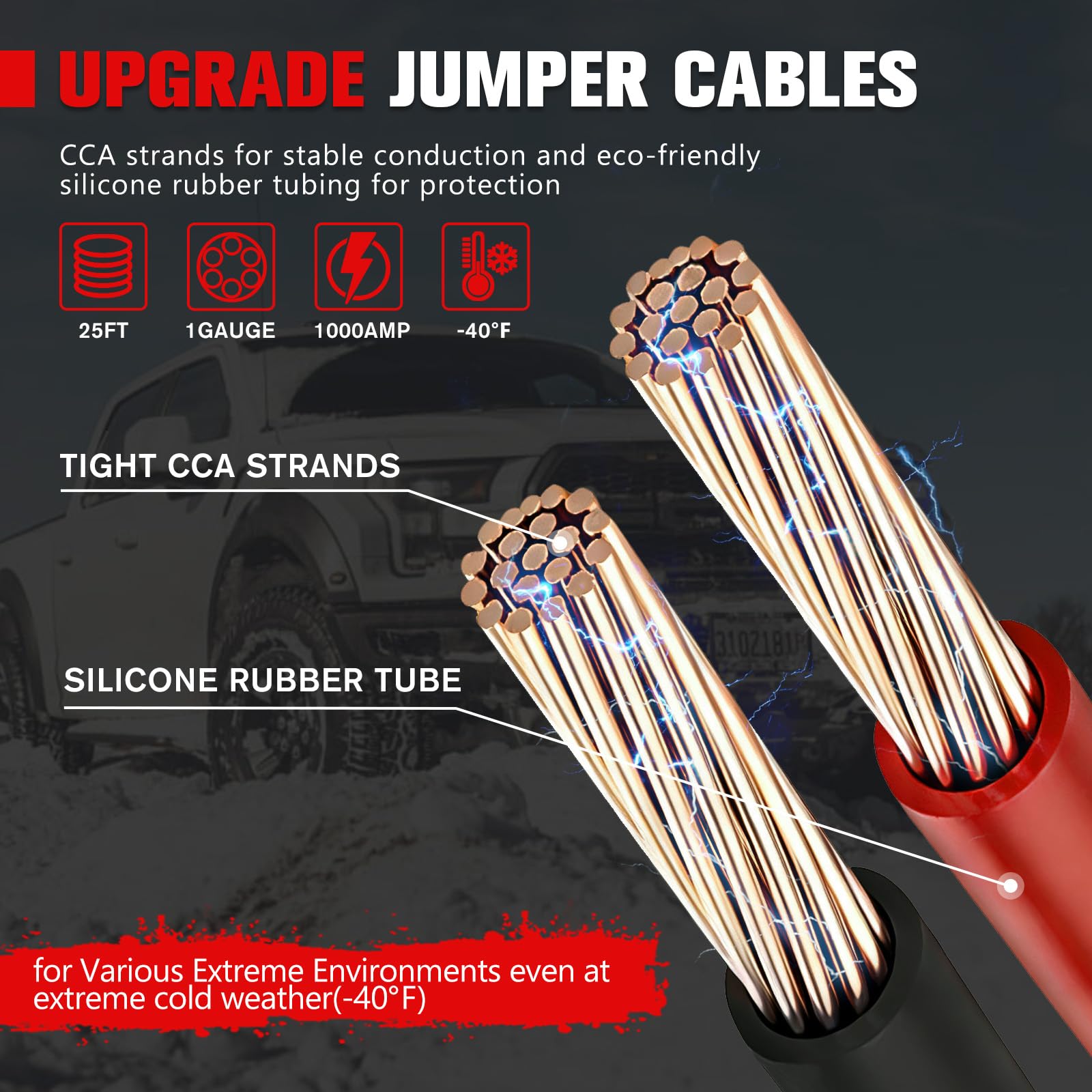 FIERYRED Câbles de démarrage à connexion rapide de calibre 1 7,6 m, câbles de démarrage robustes 1000 A avec sac de voyage, câble de démarrage de batterie pour camion, camions diesel, SUV et voiture