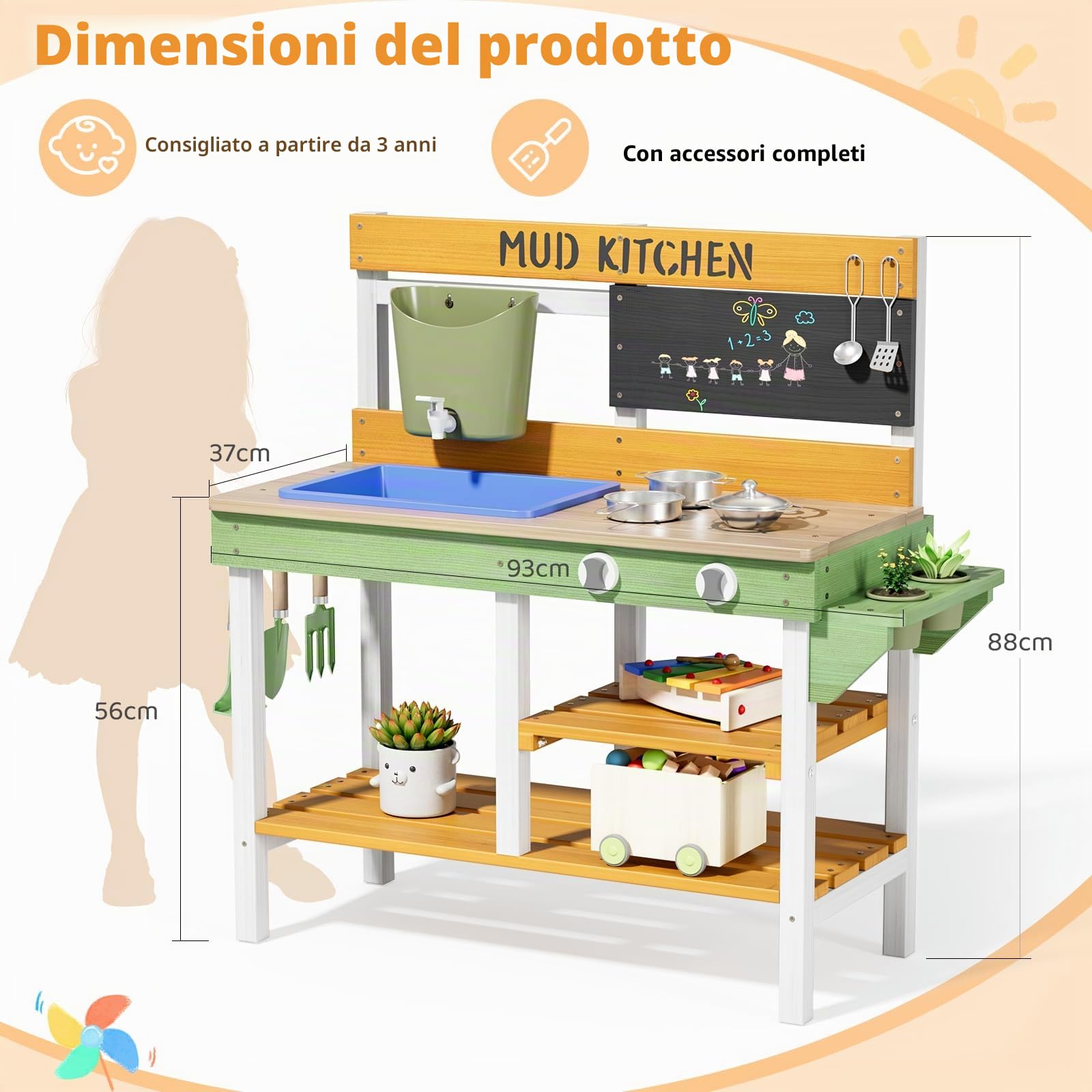 MAMIZO Cucina per Bambini da Esterno, Cucina da Giardino in Legno con Rubinetto Funzionante, 2PCS Vasi per Piante, Attrezzi da Giardino, Lavagna e Ripiani, 93x37x88 cm, per Bambini +3 Anni