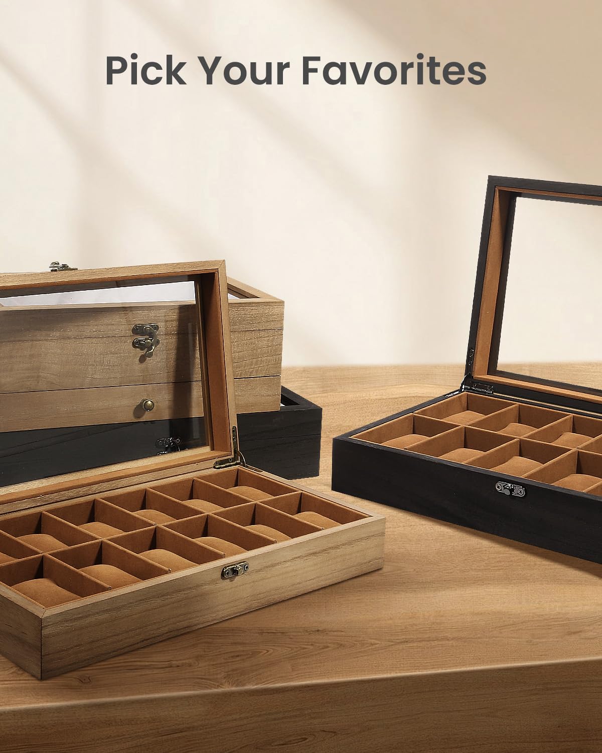 Uten Caja de Relojes con 12 Compartimentos, Caja para Reloje Madera, Tapa de Vidrio y Almohada Algodón Seda, Forro Marrón, para Exhibición y Almacenamiento de Relojes Joyería, Regalo Ideal