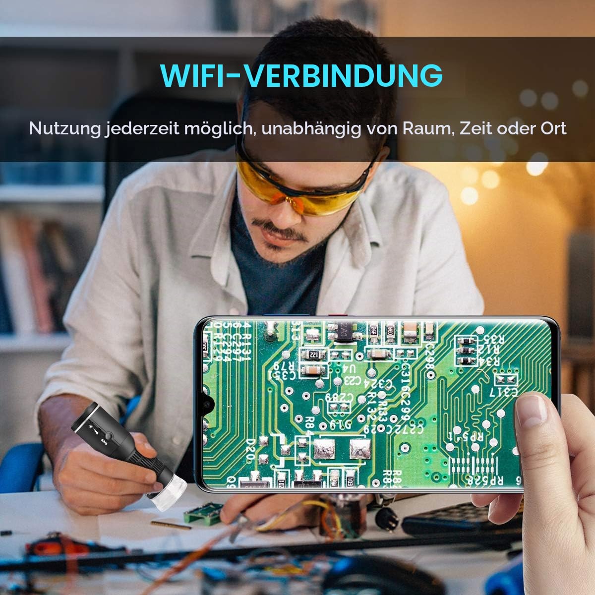 WiFi Digital Mikroskop für iPhone Android Phone Mac Windows HD 1080P Videoaufzeichnung 50x-1000x fache Vergrößerung Drahtloses tragbares Mikroskop mit Metallständer und Tragetasche