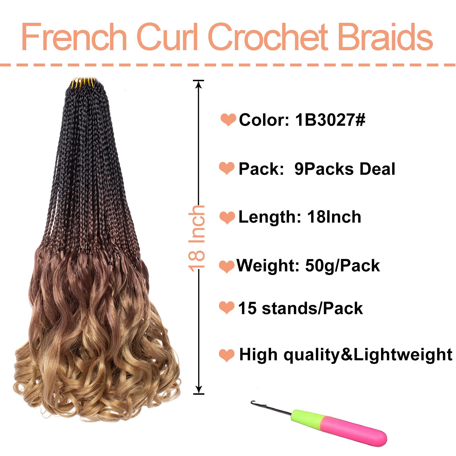 Mscat 9 Packs French Curl Crochet Braids 18 Inch Pre Looped Bohemian Goddess Box Braids Crochet Hair Synthetic French Curly Braiding Hair for Women 1B3027# - Image 2