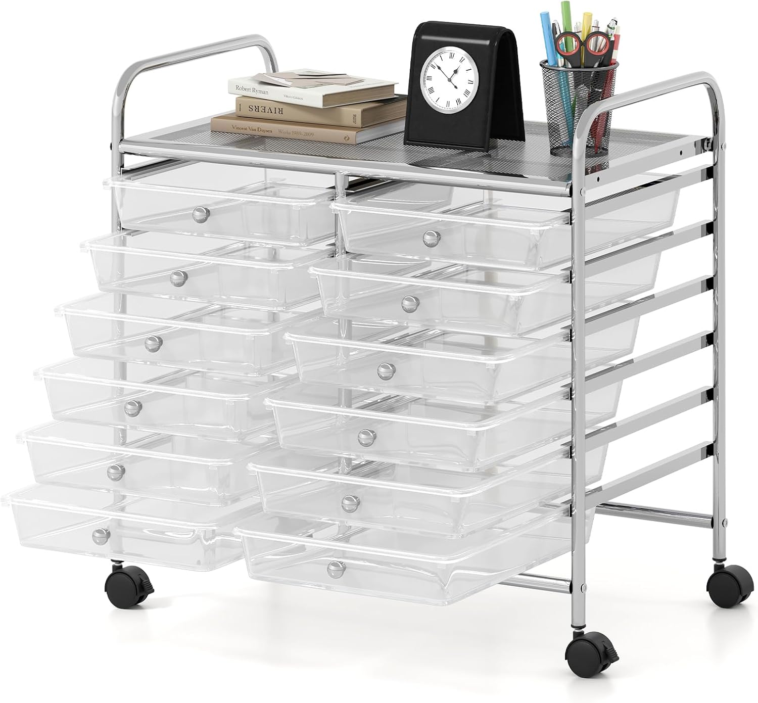 HOMASIS Plastic Chest of Drawers with Drawers Cabinet with Wheels Cart with Metal Frame for Living Room Office Study Transparent 64 x 38 x 62 cm