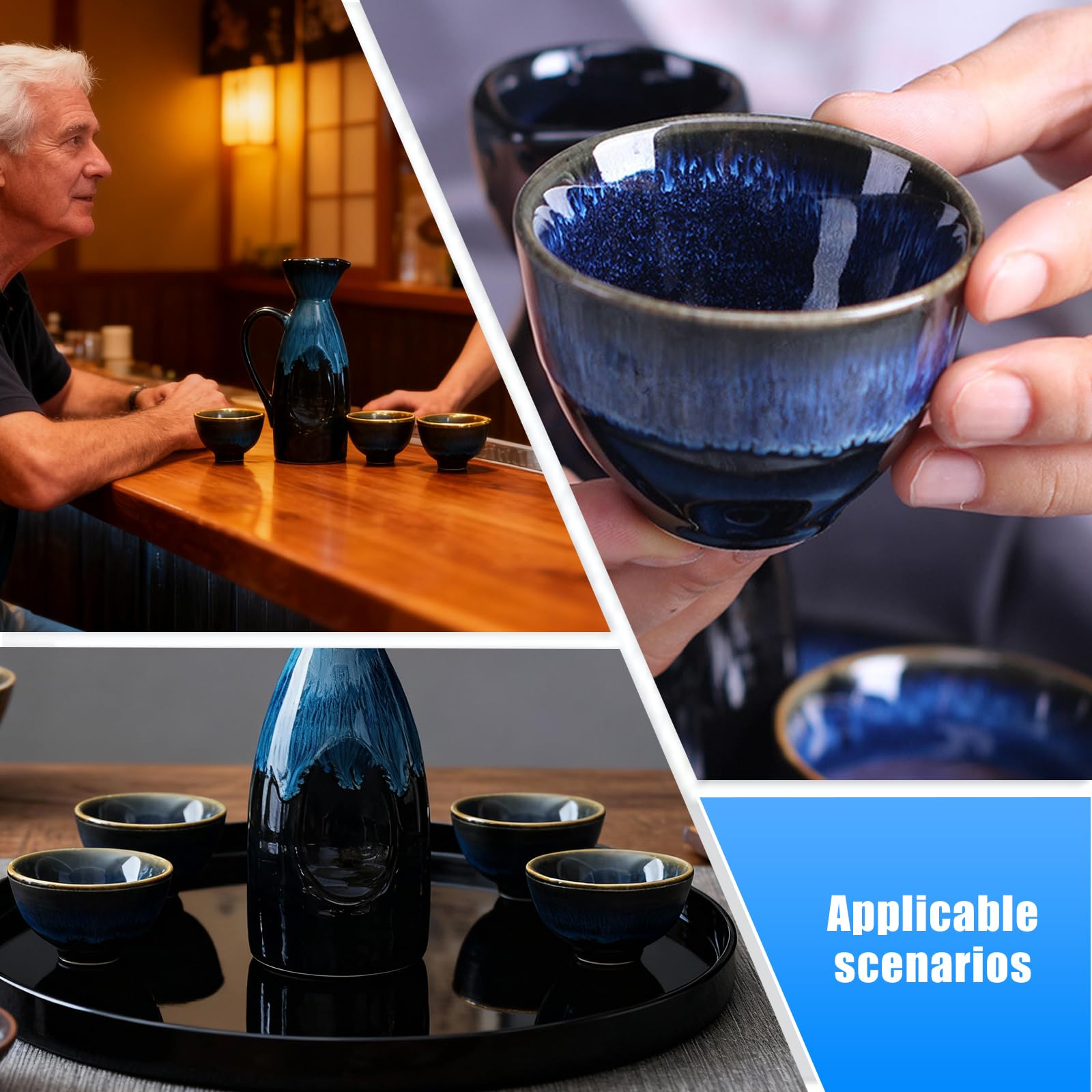 Set di 5 sake da 310 ml, in ceramica giapponese, vetro borosilicato di alta qualità con tazza e vaso di vino, elegante porcellana blu