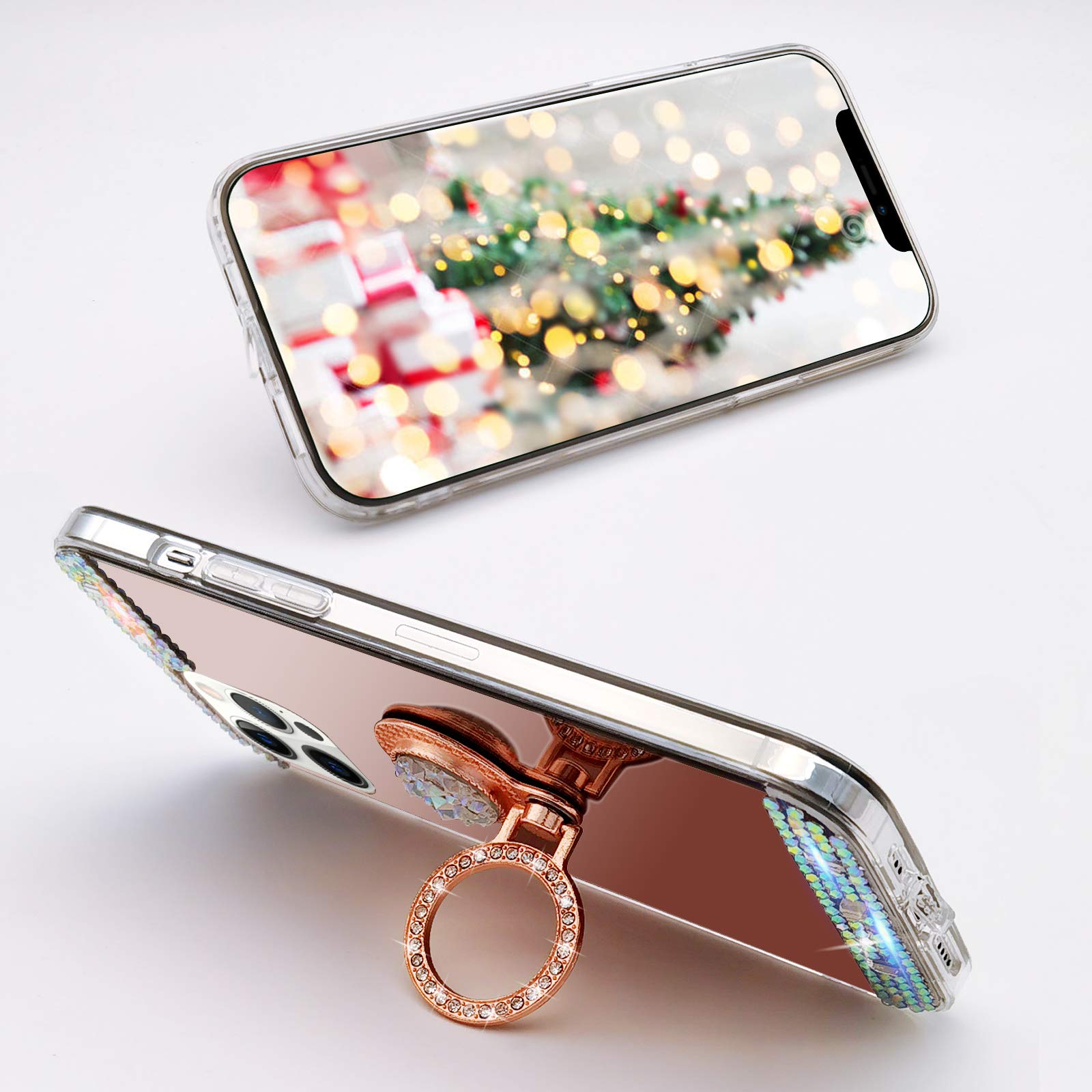 Omorro IPhone 13 Mini Hülle Für Frauen – Mit Make-up-Spiegel, Glitzer-Strass, Ringständer & Finger-Grip In Rose Gold